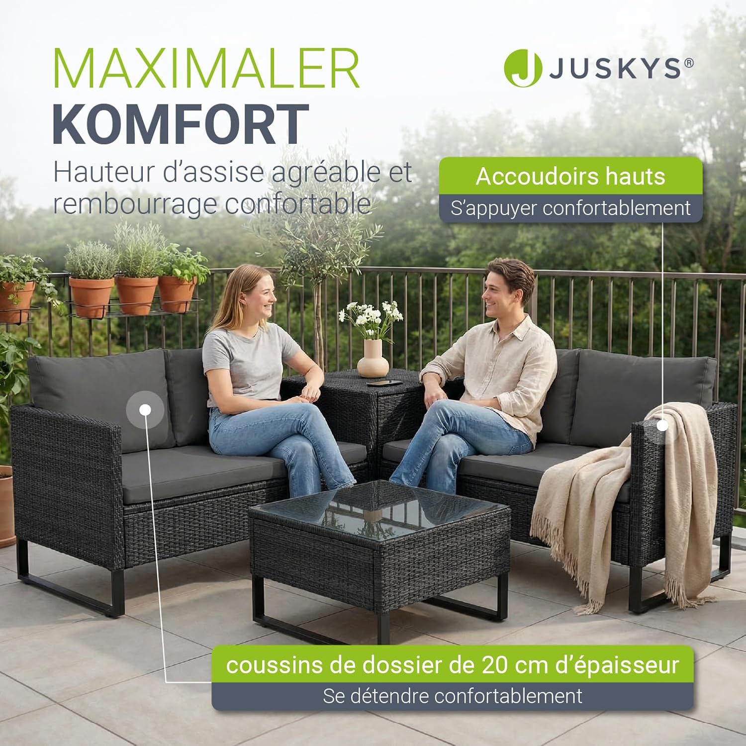 Juskys - Coin Lounge Santorini - polyrotin noir extérieur - table basse, coffre à coussins, résistant intempéries
