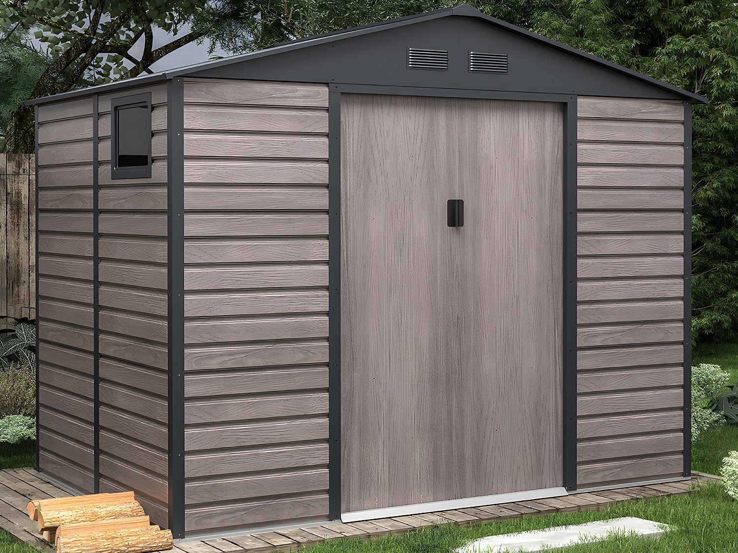 Vente-unique - ADELMO - abri jardin métal 5,40m² acier galva bois gris