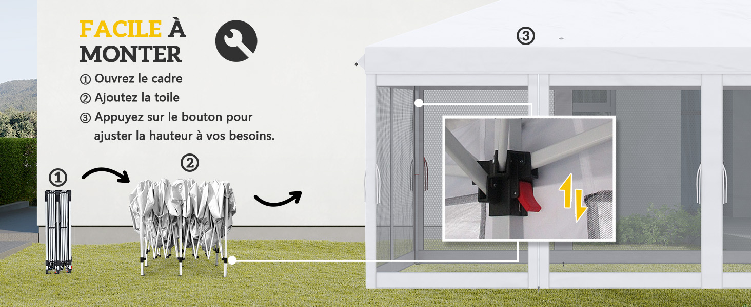 Instructions d'installation pour un système de treillis ou de clôture de jardin extensible, montrant le processus d'assemblage étape par étape avec