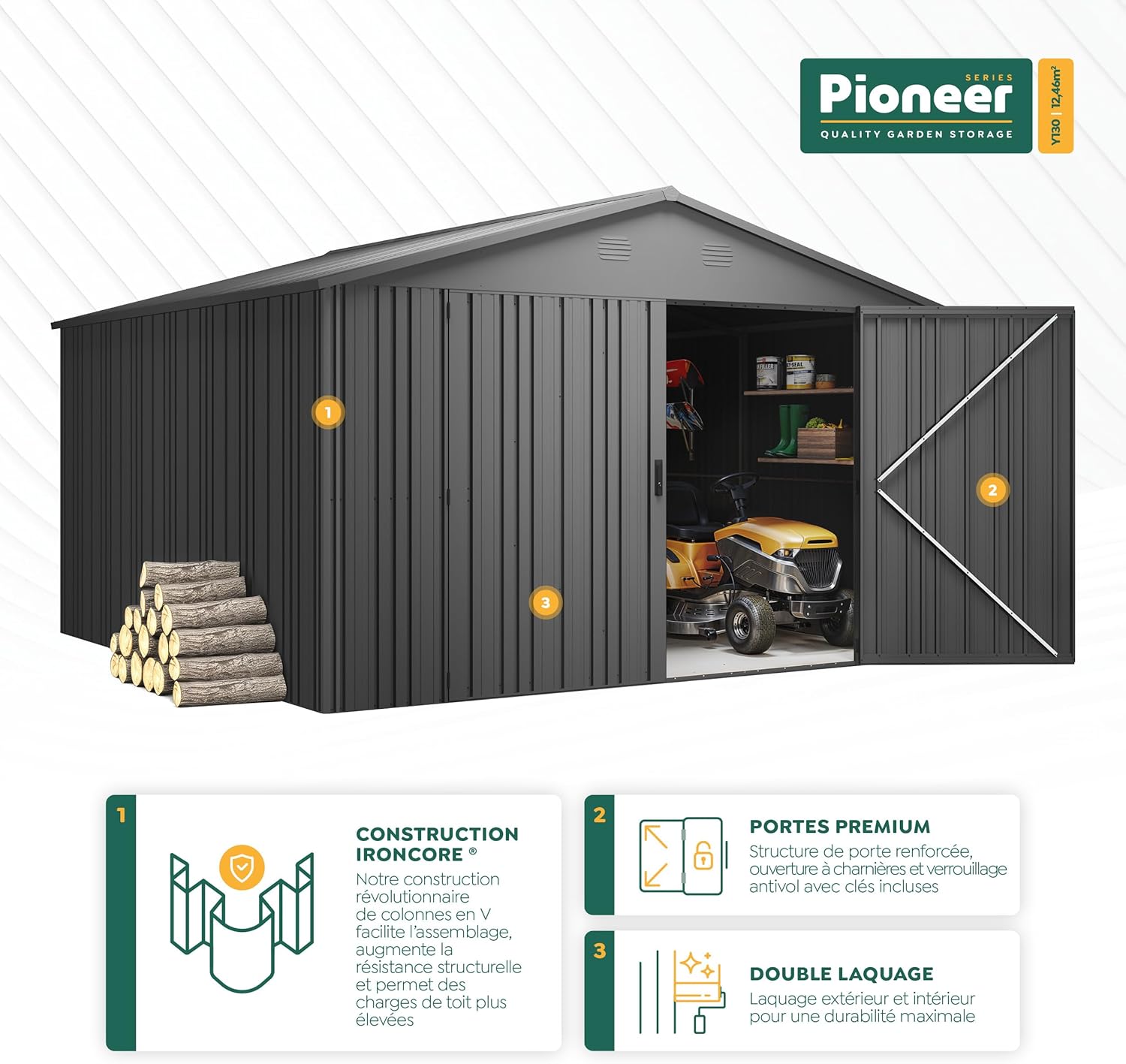 Hoggar - Pioneer abri de jardin métal 356x350x225cm, portes sécurisées, serrure incluse, Y130