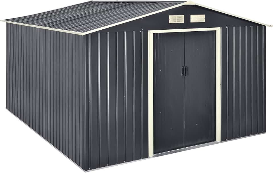[en.casa] Abri de Jardin 15 m³ Robuste Cabane de Stockage Extérieur Cabane à Outils Toit à Pignon Tôles en Acier Galvanisées Gris Foncé
