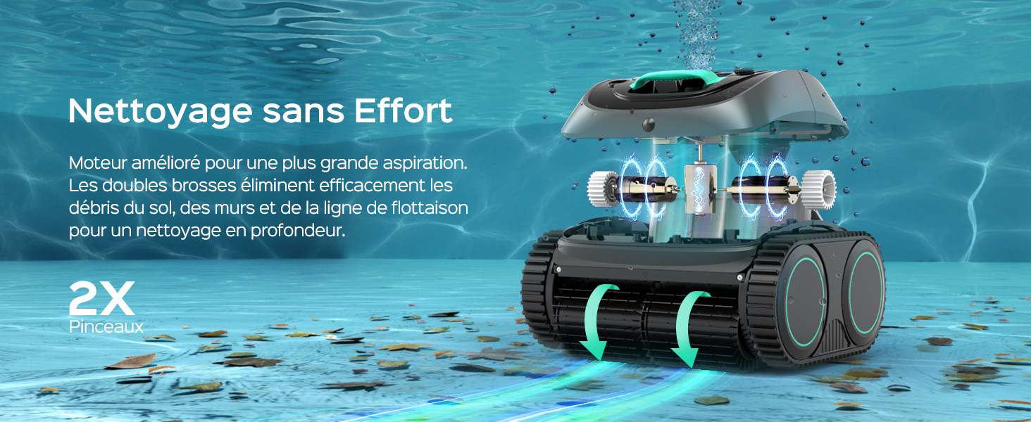 Le texte indique « Nettoyage sans effort » et « 2x ». Nettoyeur de piscine robotique sous-marin avec roues à double semelle, illustré dans une eau de piscine turquoise avec des débris éparpillés en dessous.