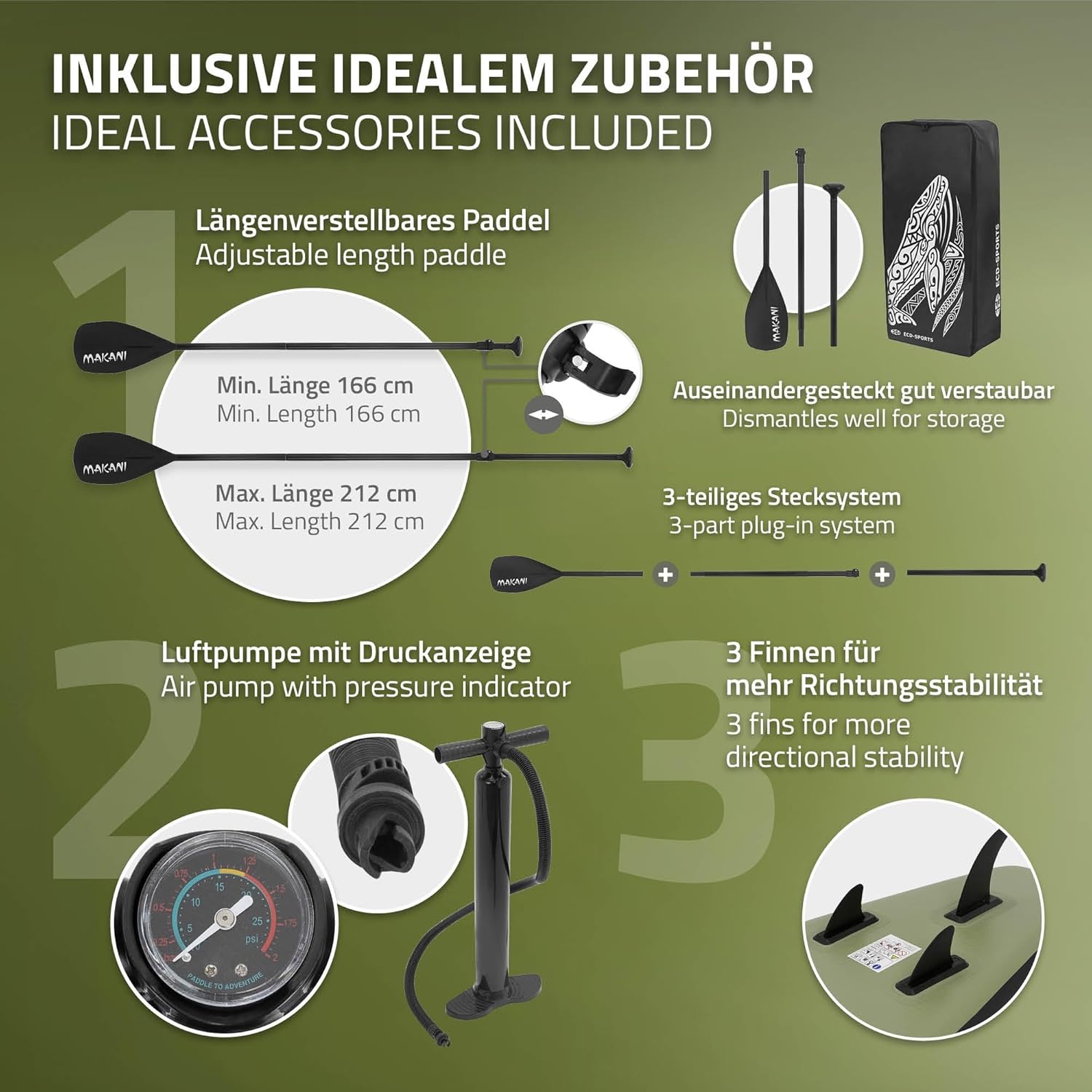 ECD Germany - Stand Up Paddle Série - 305/308/320/380 cm - PVC, 120/150 kg, épaisseur 10/15 cm, sac, pompe