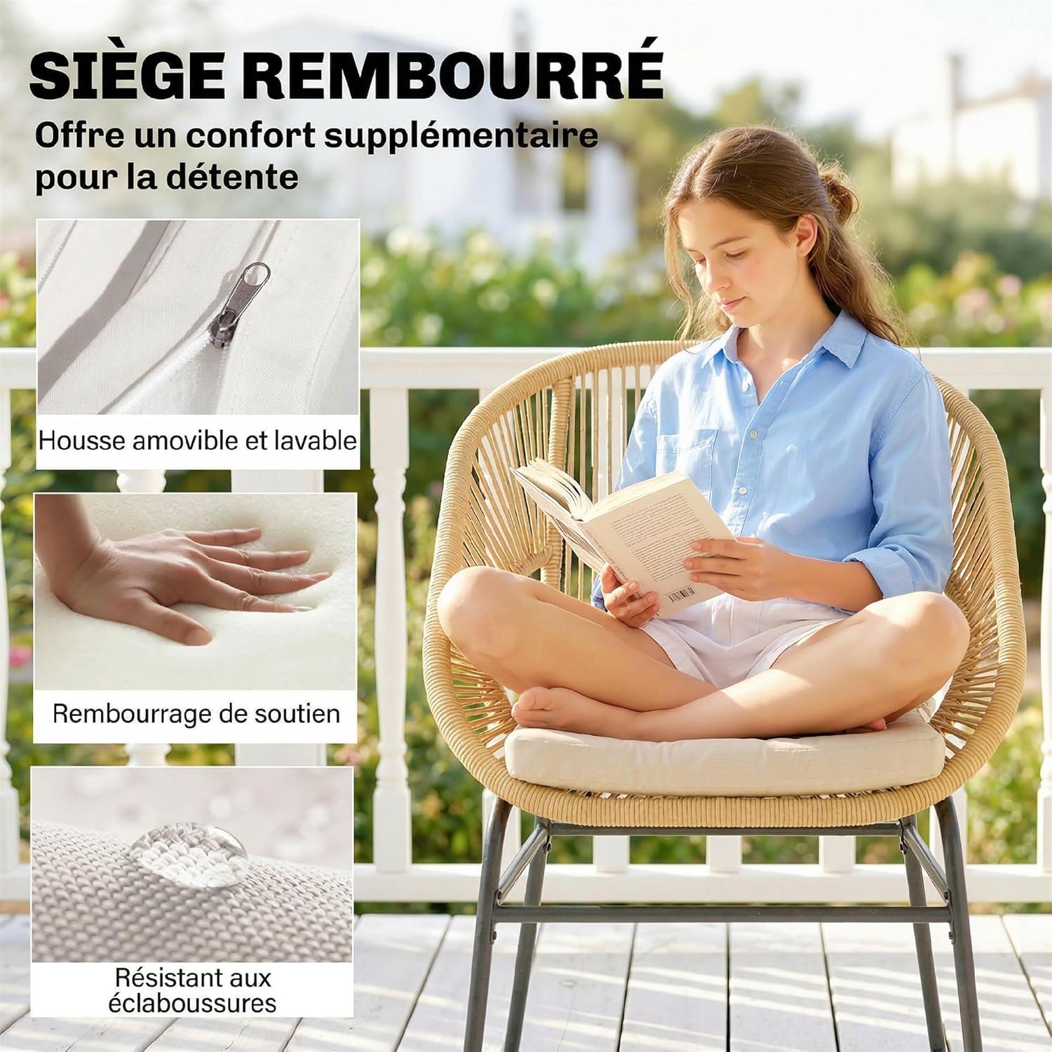 Outsunny - ensemble bistro 3 pcs - fauteuils confort, table verre - coussins déhoussables, résine tressée, beige