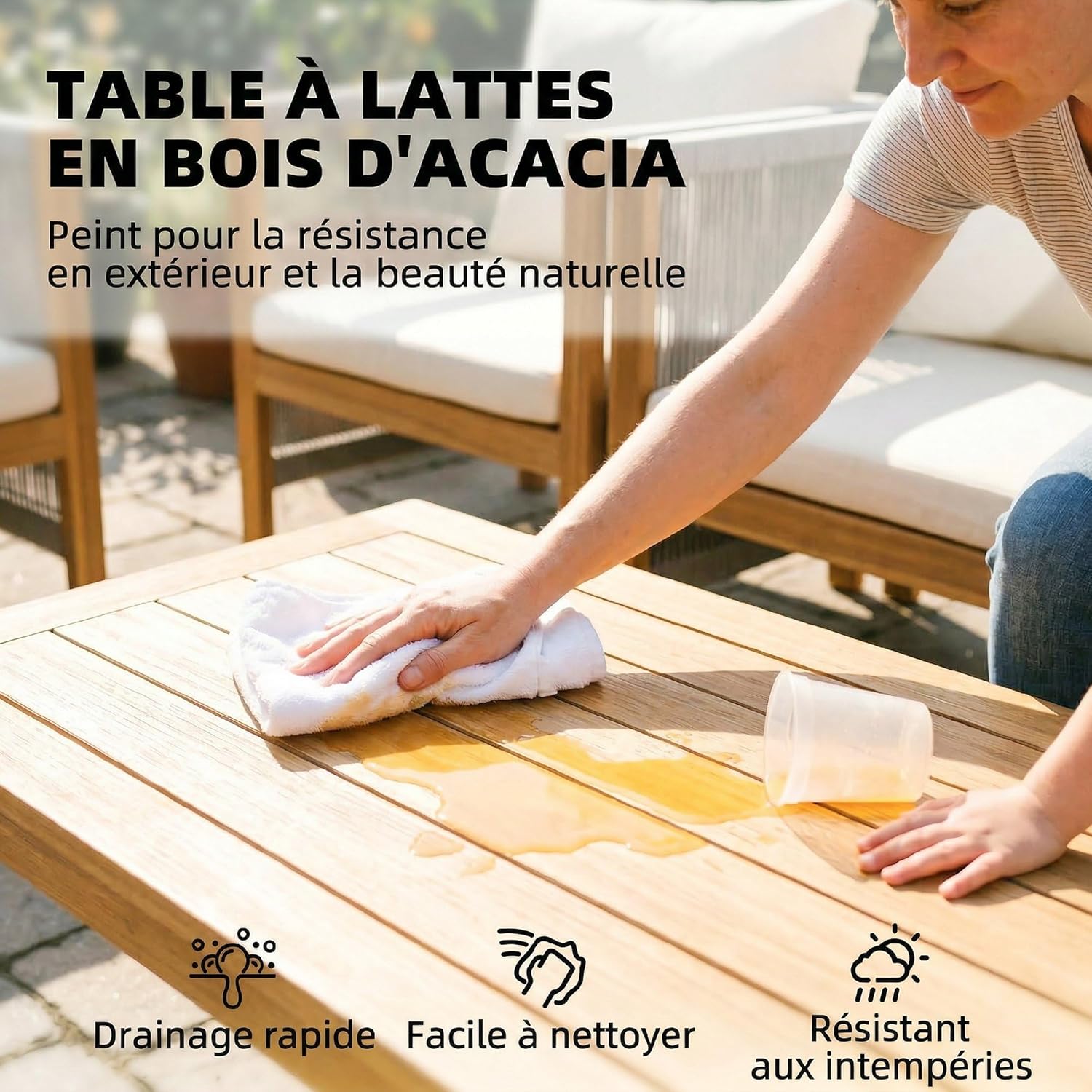 Outsunny - Salon de Jardin en Bois d'Acacia 4 pièces - Canapé, fauteuils, table - Coussins déhoussables, corde tressée, 