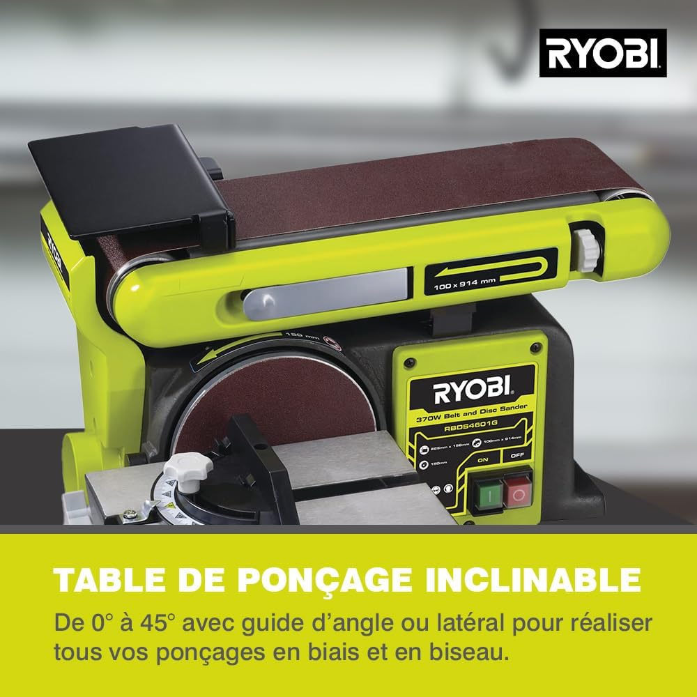 RYOBI - Ponceuse à Bande et a disque RBDS4601G – Moteur 370W, Bande 100x914 mm, Disque Ø150mm, Buse d’aspiration, Butée, Idéale Bois et Métaux – Outil Stationnaire pour Atelier
