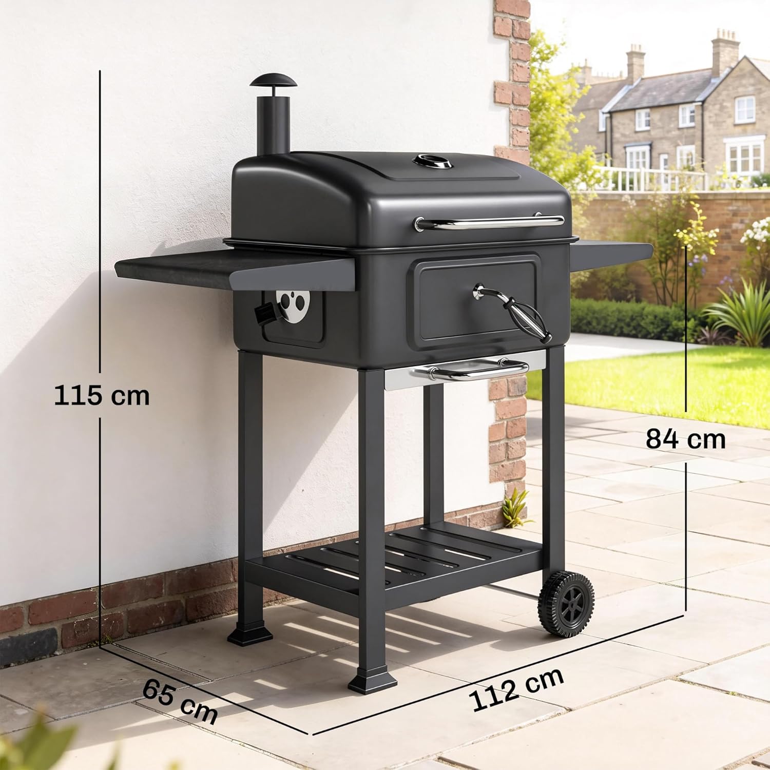 Outsunny - barbecue charbon réglable - grand format - chariot, tablettes, cheminée, roues, thermomètre