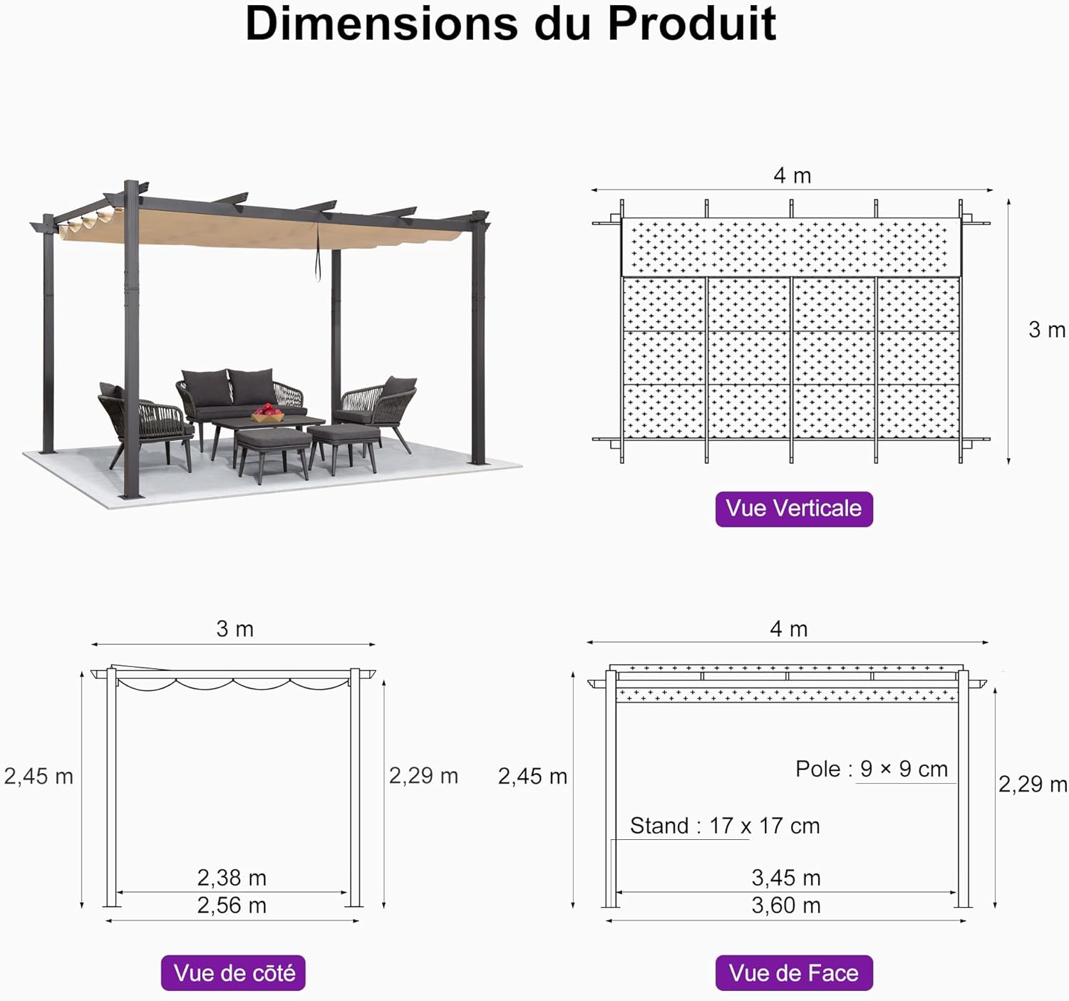 PURPLE LEAF - Pergola Aluminium - 4x3m - Toit coulissant, tissu kaki