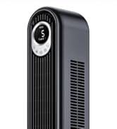 Grand purificateur d'air noir de style tour avec design vertical. Comprend un écran circulaire ou un panneau de commande situé en haut et des côtés ventilés pour la circulation de l'air