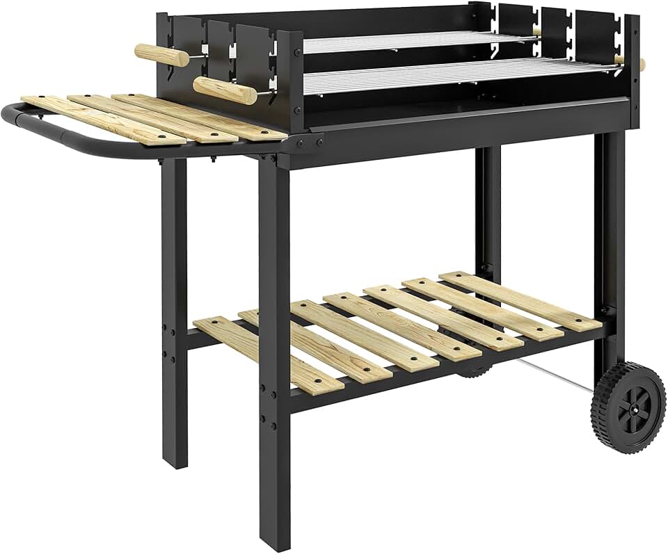 Outsunny - BBQ sur pied - 113x53,5x82,5 cm - double gril, roues, étagères