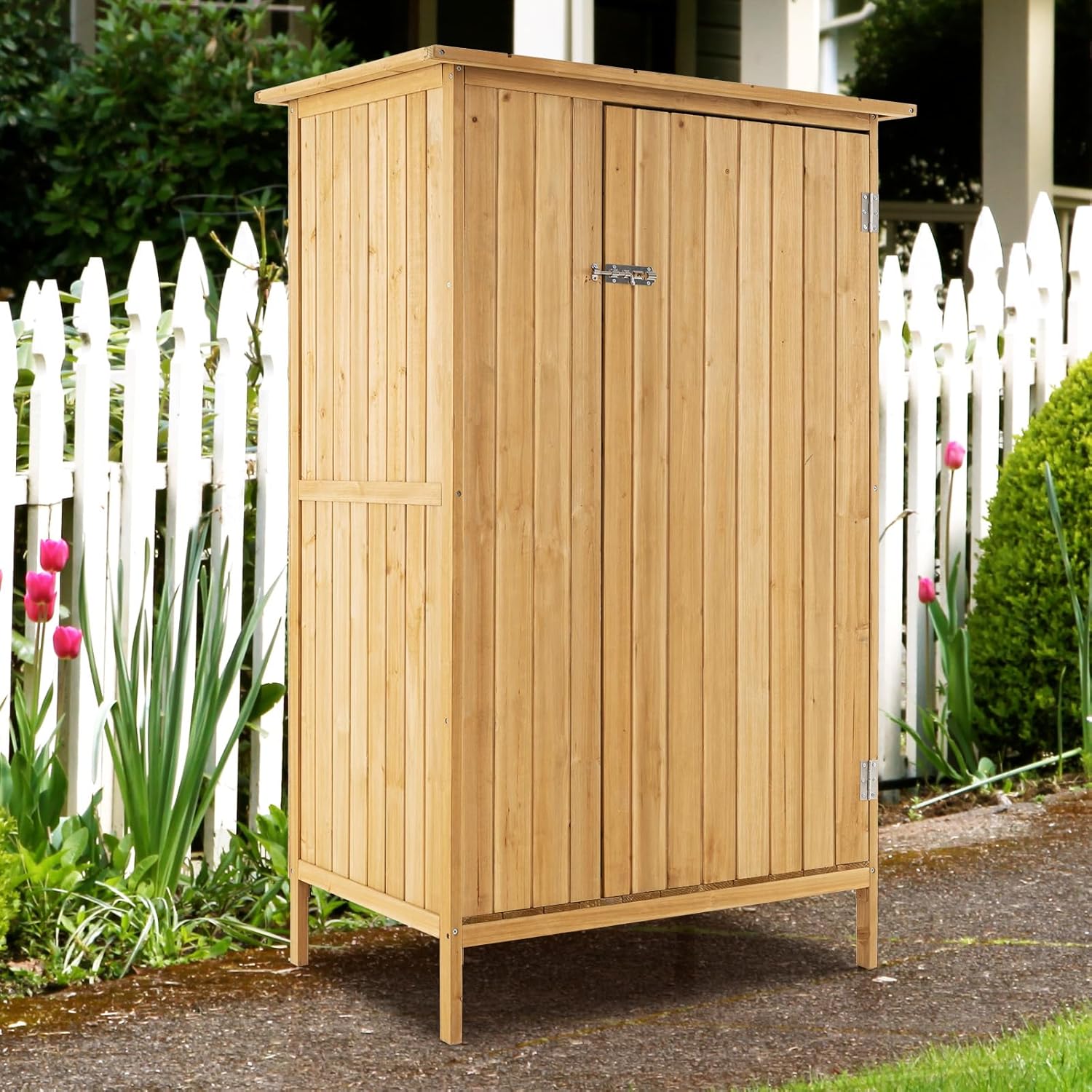 COSTWAY - armoire jardin bois - 3 étagères, toit asphalte, porte verrouillée