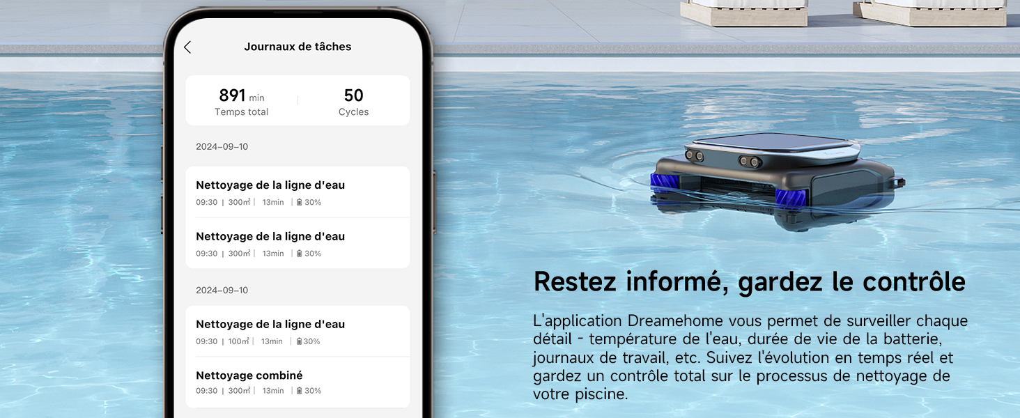 Image fractionnée montrant l'écran d'un téléphone portable à côté d'une scène de piscine avec superposition de texte.