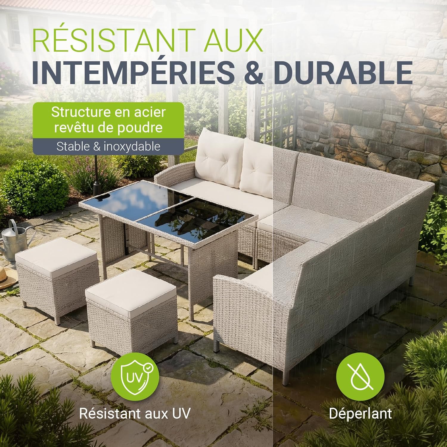 Juskys - Salon Manacor - canapé d’angle, table, 2 poufs, crème,  jardin