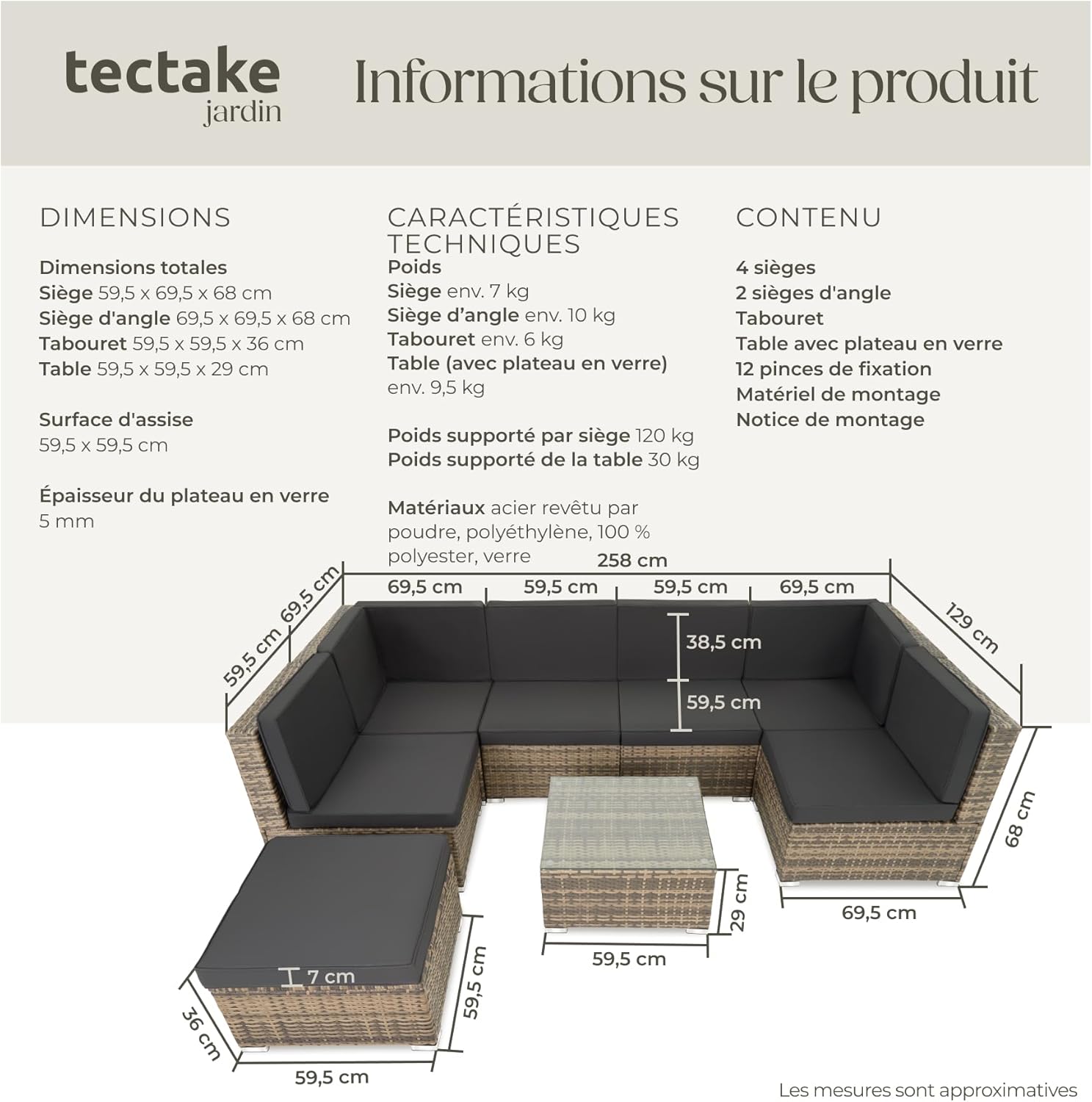 tectake - salon modulable rotin 6 fauteuils 1 table marron naturel