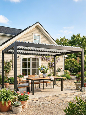 Pergola de jardin avec toit à persiennes réglables recouvrant une table à manger et des chaises en bois. Extérieur de la maison beige avec fenêtres visibles à l'arrière.