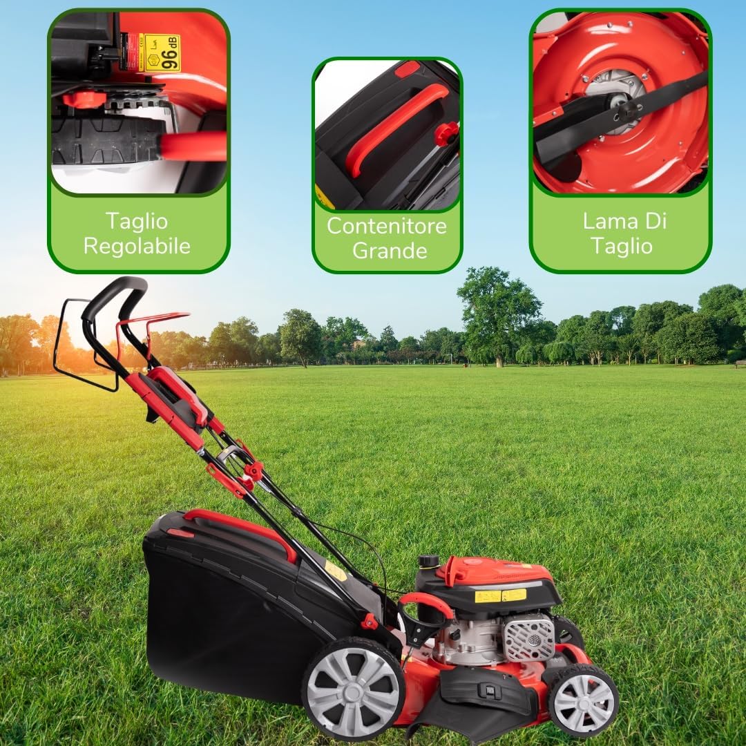 A.M.C. Tondeuse à gazon à explosion automotrice 4in1-4 CV, Tondeuse à gazon thermique autoportée - Moteur 170cc 4 temps avec autotraction - Largeur de coupe 51 cm - Mulching - Panier de collecte 60L