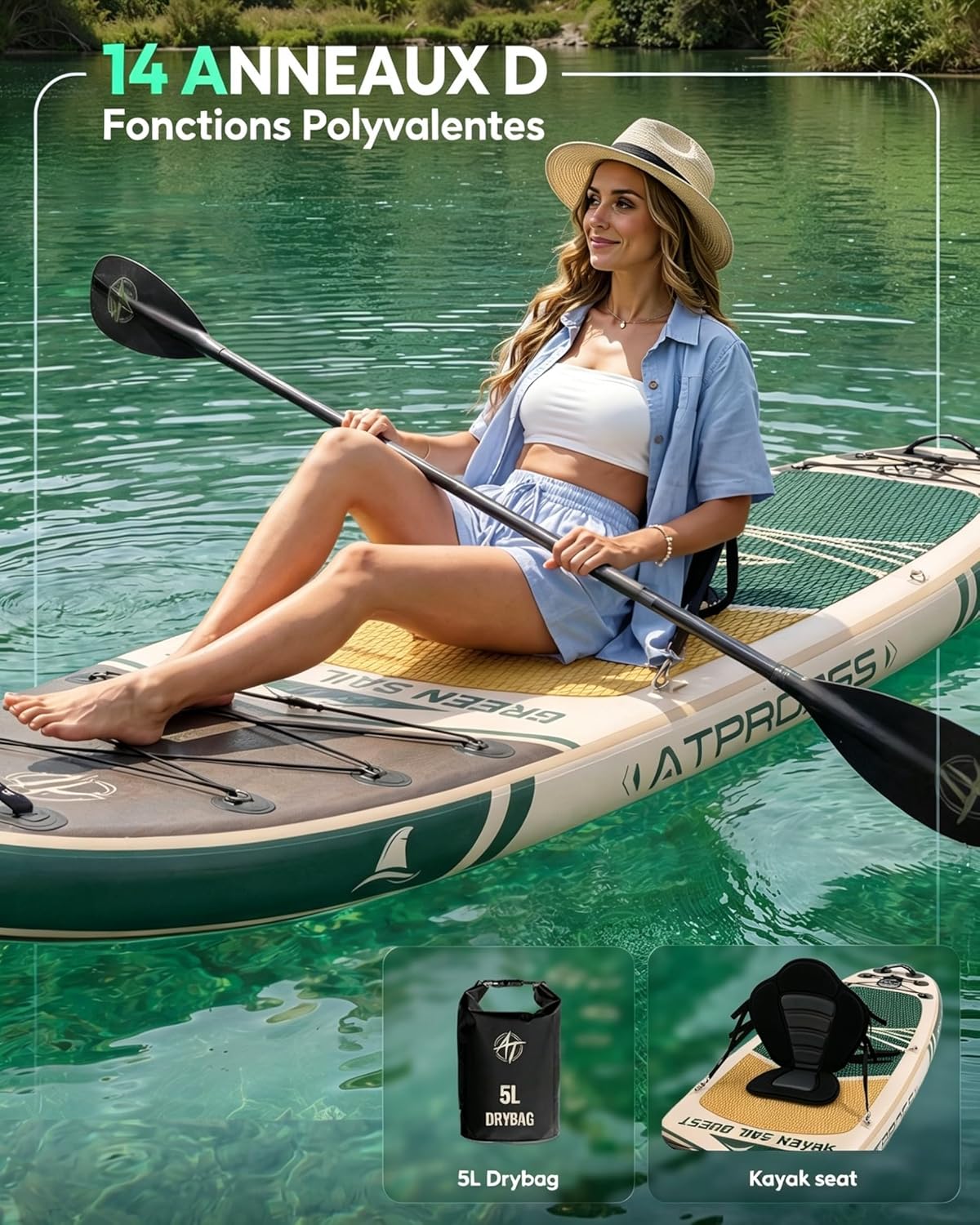 Stand Up Paddle Gonflable Adulte avec Siège Kayak & Accessoires, 320x84cm Planche de Sup Extra Large pour 2 Personnes, Charge 200kg, Kayak Gonflable 2 Places Stable et Antidérapant pour Surf