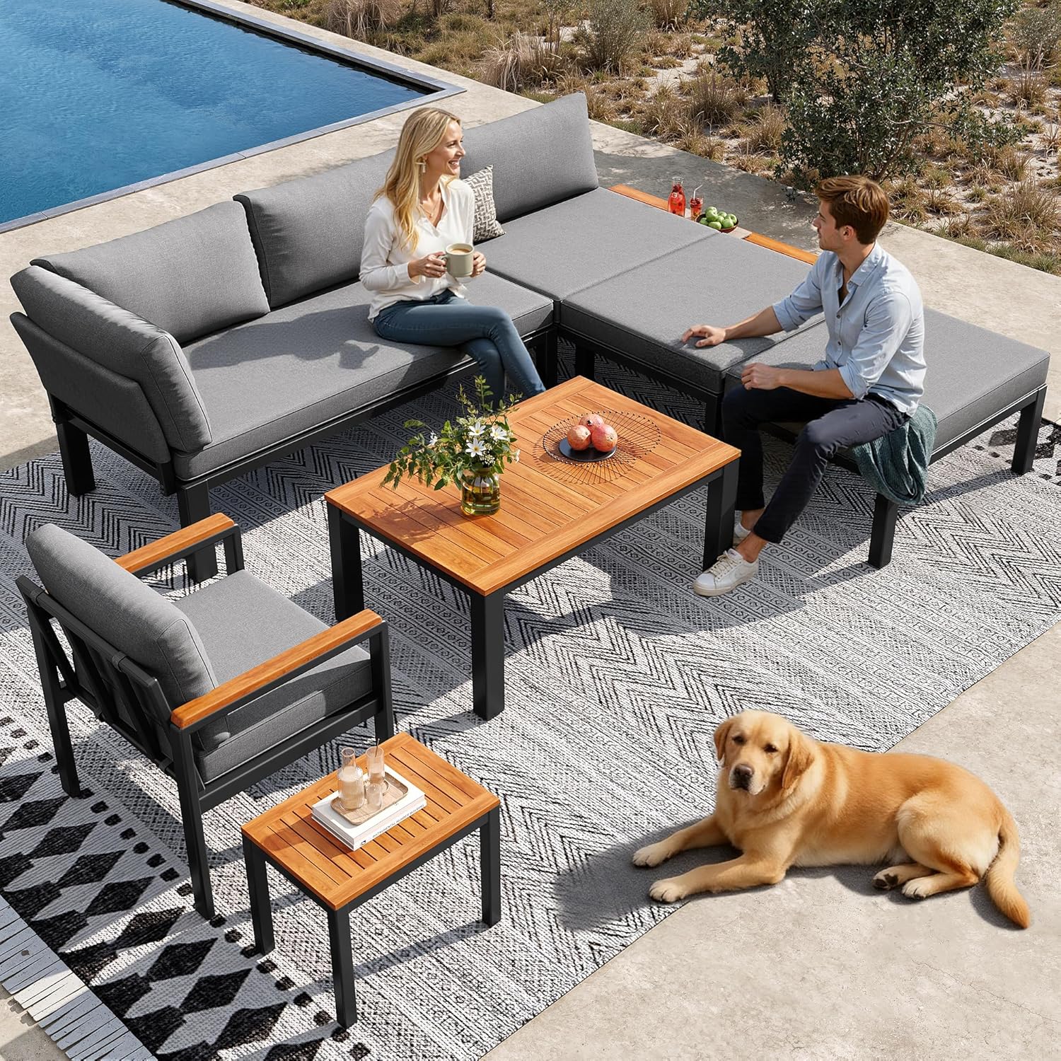 Sapgaks - salon de jardin 6 pers. - métal, coussins, 2 tables, gris