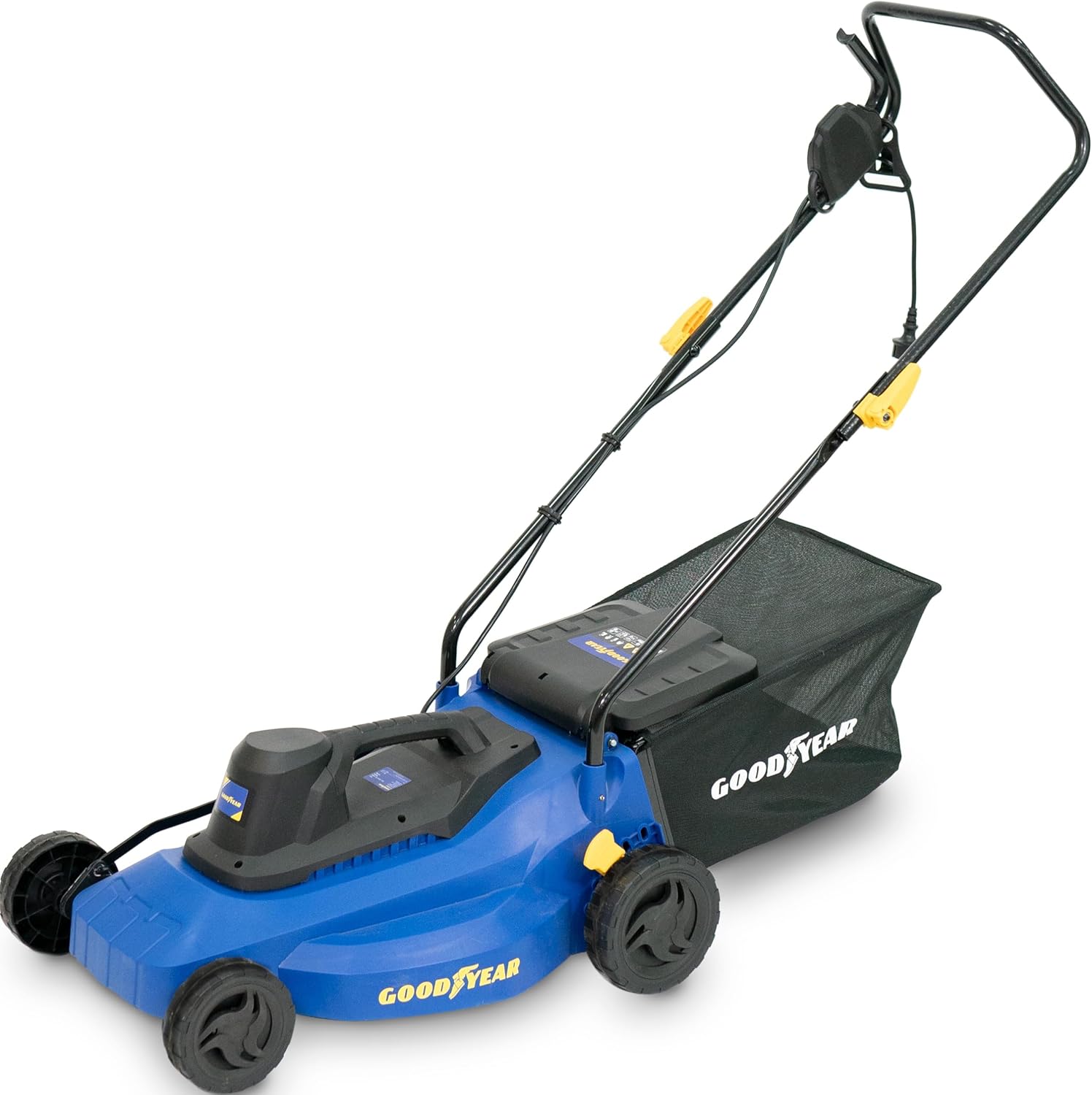 Goodyear - Tondeuse à Gazon électrique 1200W, Largeur de Coupe 32 cm, Hauteur réglable 25/45/65 mm, Sac 35L, Moteur 3300 TR/Min, légère et compacte, Non automotrice, idéale pour Les Petits Jardins