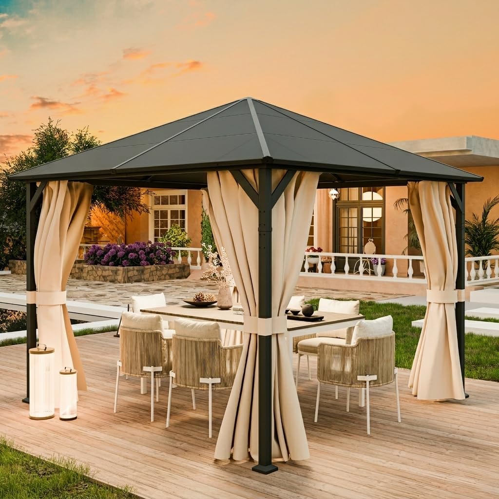 UDPATIO - Tonnelle série imperméable - 3x3m - Toit UV, rideaux, stabilisée, Champagne