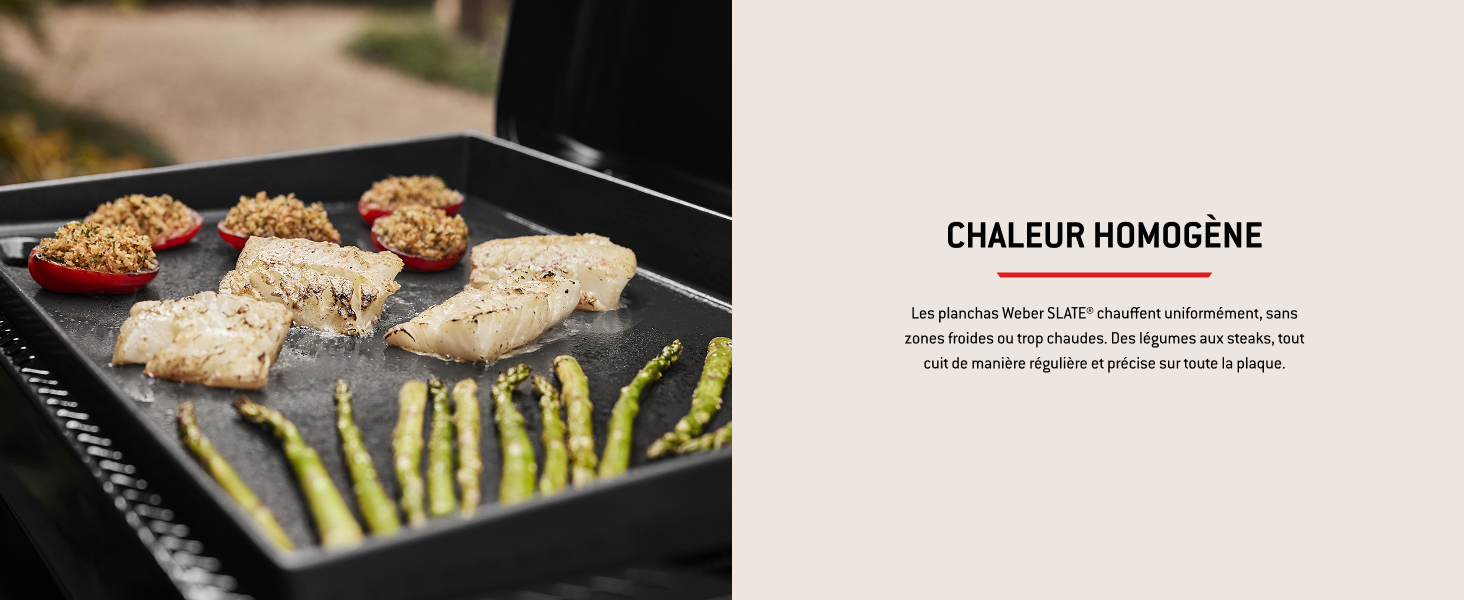 Le texte indique « CHALEUR HOMOGÈNE ». Plusieurs images montrant des aliments grillés sur une surface de cuisson avec un texte en français sur la répartition de la chaleur.