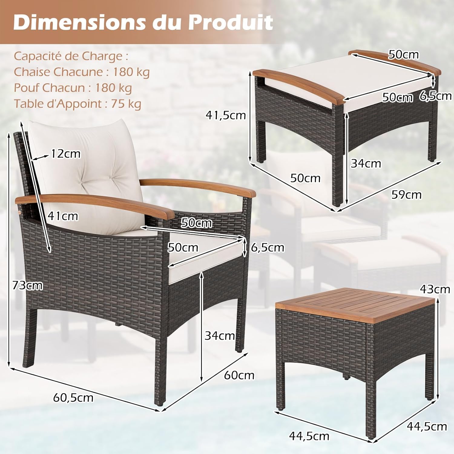 Costway - Salon de jardin 5 pcs - Acacia - Rotin beige, coussins épais