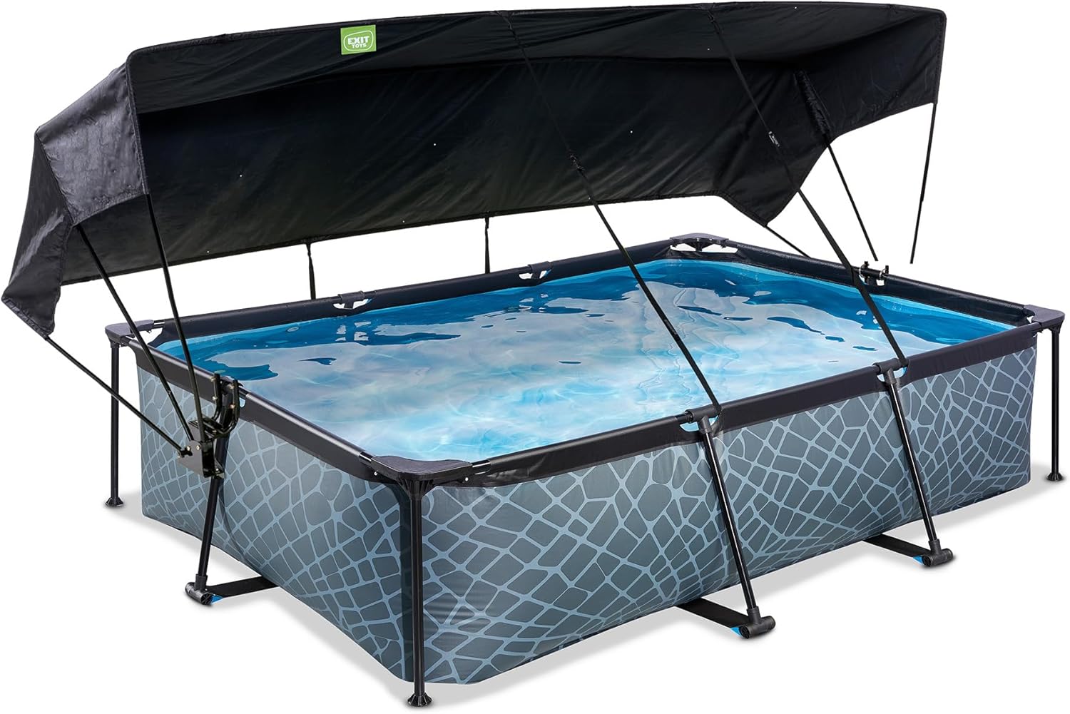 EXIT Toys Piscine Stone avec Voile d'Ombrage - 300x200x65cm - Piscine Hors Sol Rectangulaire avec Pompe Filtrante à Cartouche - Protection Optimale Contre Les Rayons UV - Entrée Basse - Gris