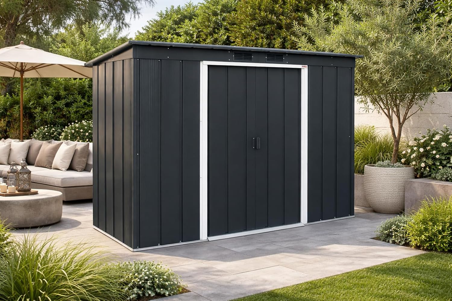 Duramax ECO 8 x 4 (2.85 m²) abri de jardin en métal à toit pentu, Abri de jardin en métal galvanisé à chaud, Abri de stockage d'outils, structure de toit renforcée, anthracite