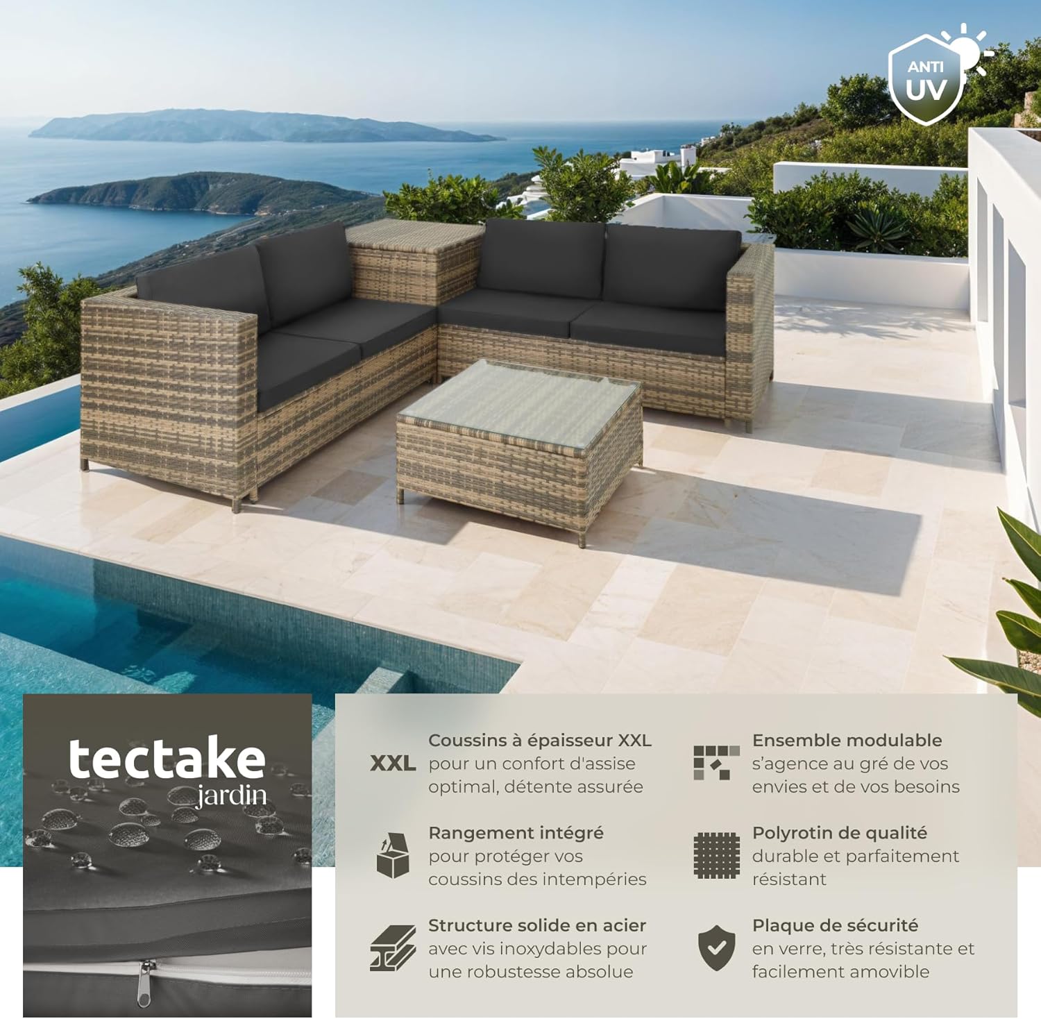 tectake - Ensemble salon Poly Rotin 4 pers. modulable, coffre, verre