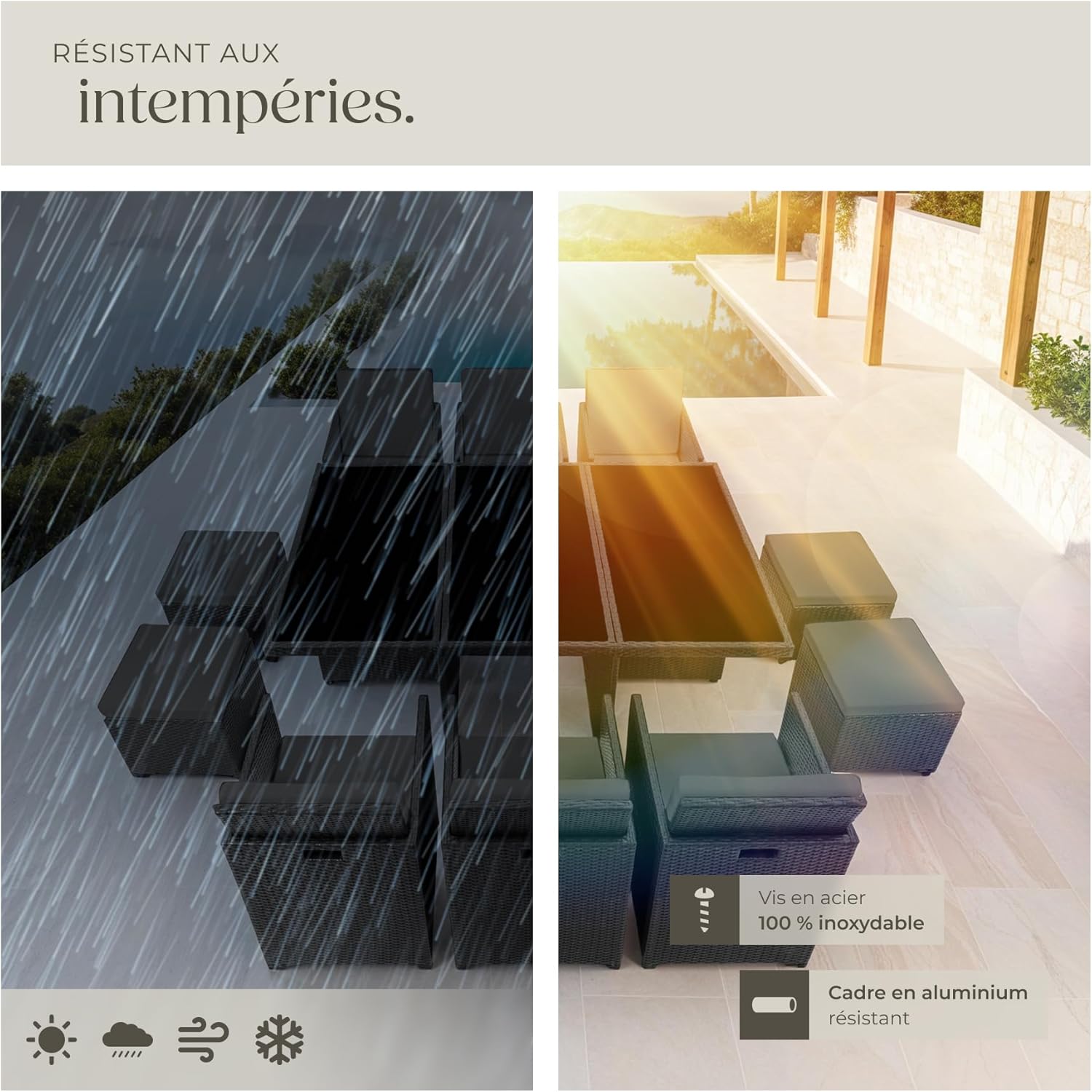 tectake - Salon de jardin Poly Rotin 10 personnes aluminium 2 housses, dimensions généreuses, noir