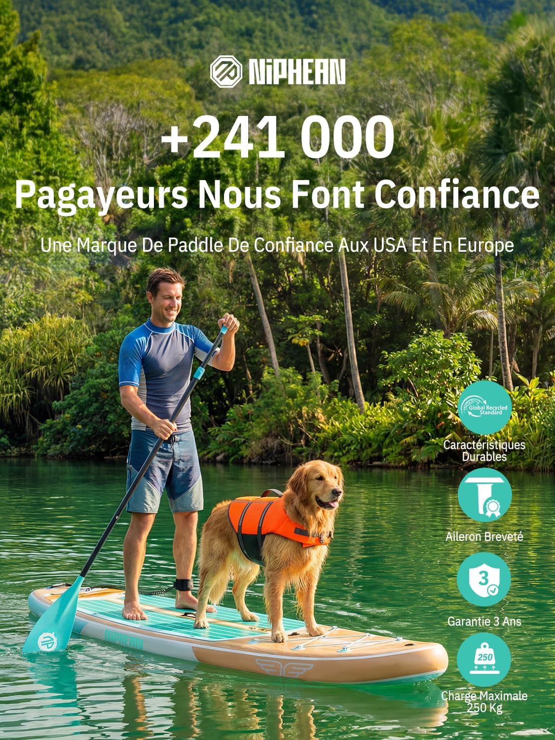 Niphean Extra Large Paddle Gonflable, Sup à 2+1 Personnes/Famille, Planches de Stand Up Paddle Gonflables avec (Idéal Débutant) Aileron Équilibré, Housse Étanche, Paddle Gonflable Adulte, Cadeaux