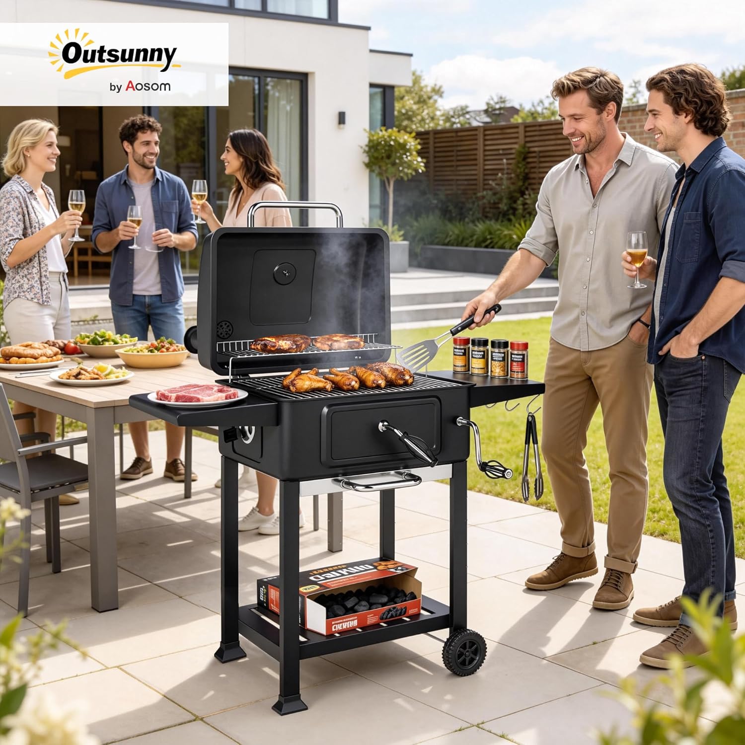 Outsunny - barbecue charbon réglable - grand format - chariot, tablettes, cheminée, roues, thermomètre