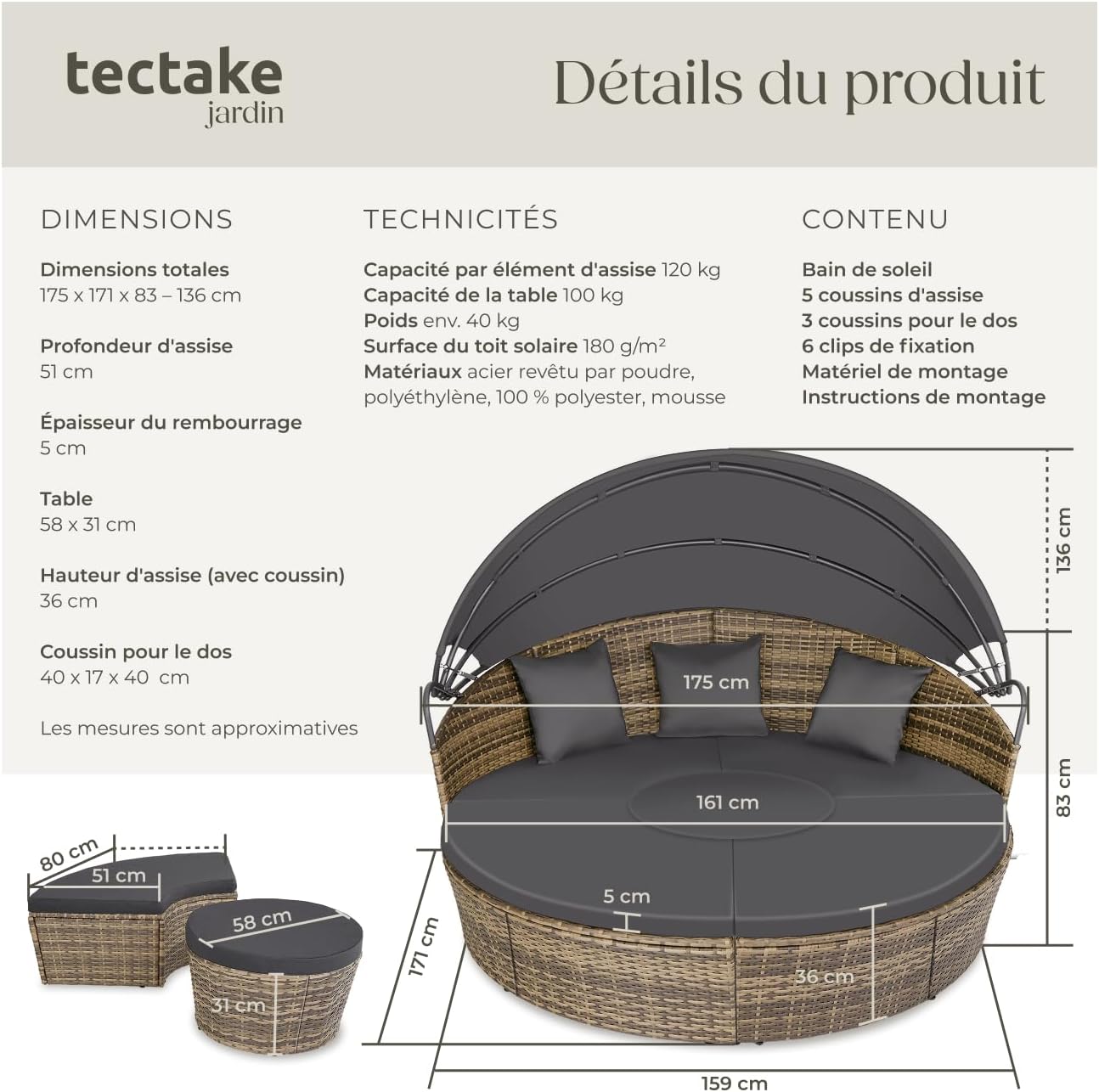 tectake - Bain de soleil modulable avec pare-soleil, coussins inclus, résine tressée, relax extérieur