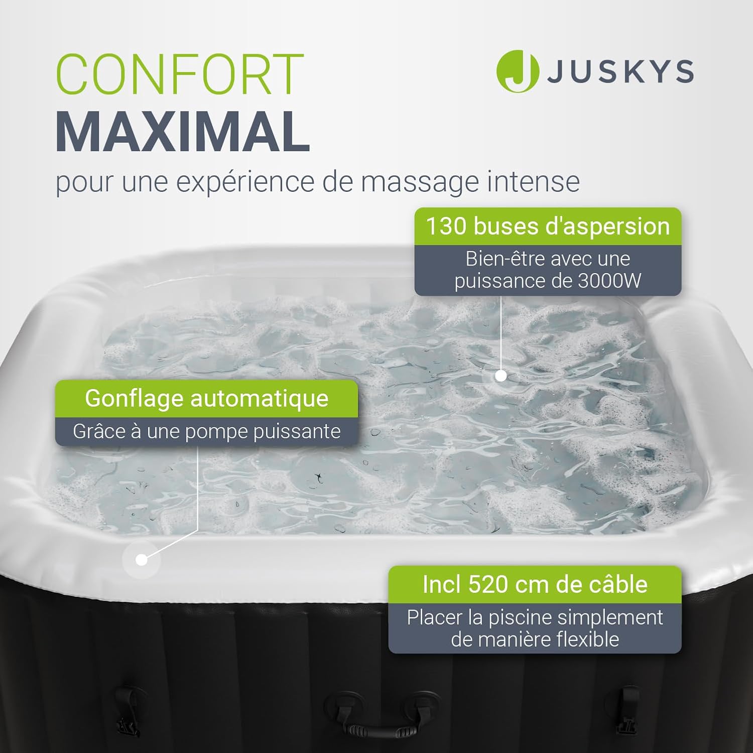JUSKYS SpaLuxe - 130 buses, 3000 W - noir/blanc - structure extérieure