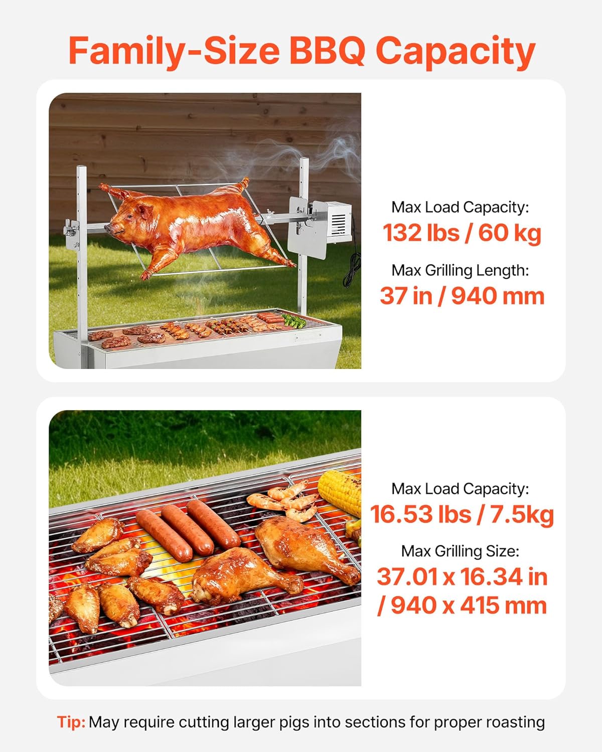 VEVOR - Barbecue à charbon avec tournebroche, 7 hauteurs, 60kg, 38W, inox