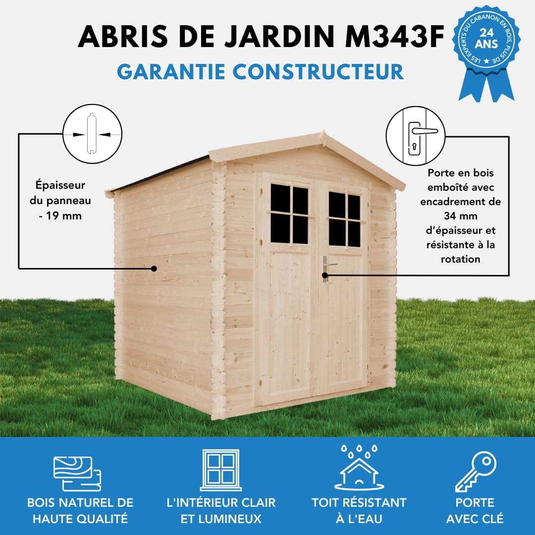 Abri de Jardin en Bois avec Sol TRAITÉ Porte verrouillable de Haute qualité - Stockage extérieur I216xL206xH218 cm/ 3.53 m2 - Toit imperméable, fenêtres TIMBELA M343F+M343G