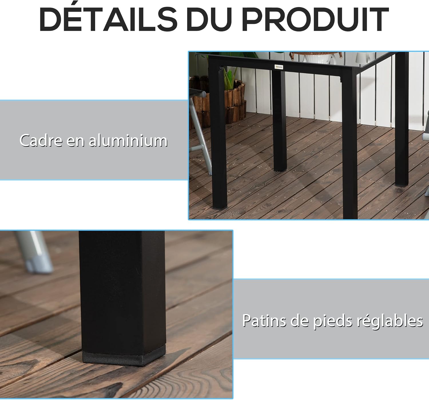 Outsunny - Table de jardin carrée - 80x80x74 cm - aluminium, plateau en verre trempé