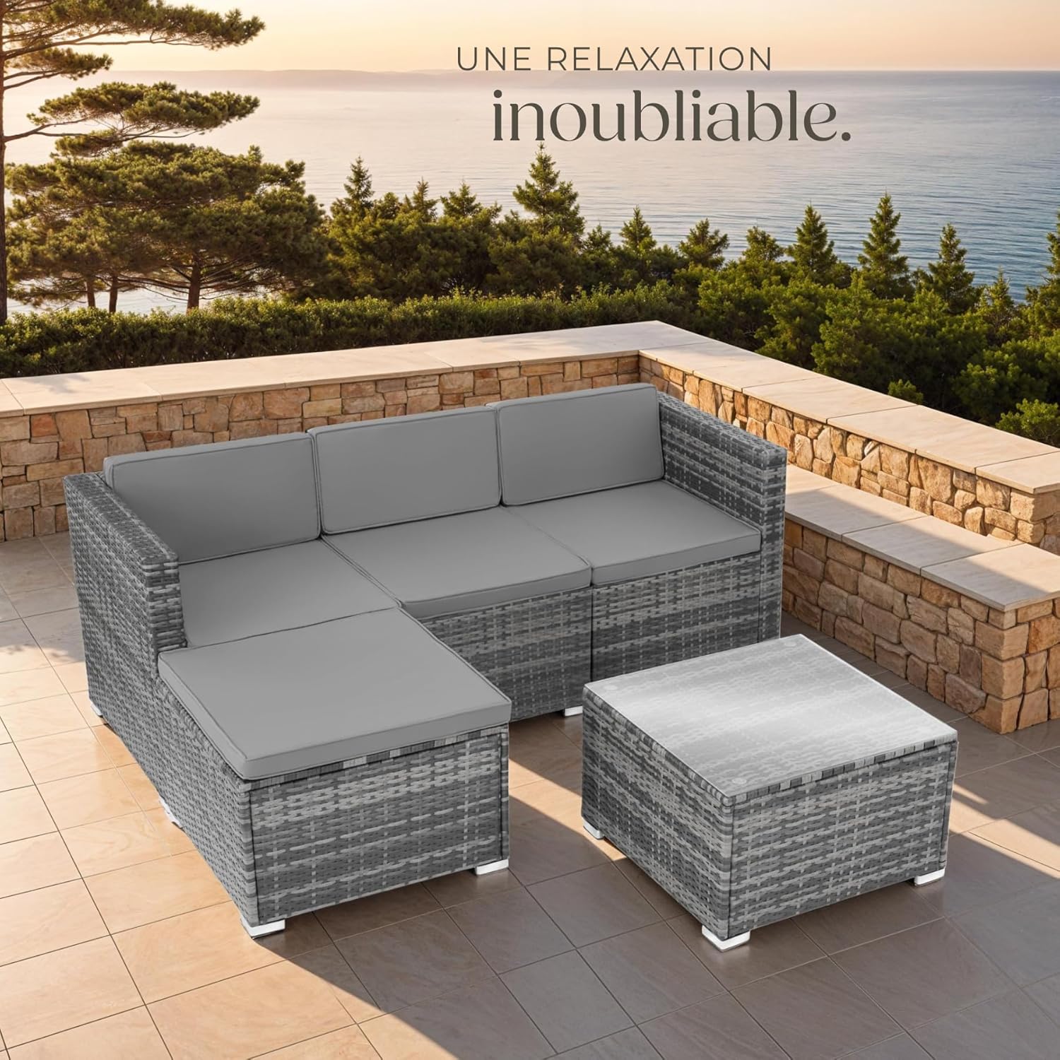 tectake - Salon de jardin modulable 4 places, poly rotin, table et poufs