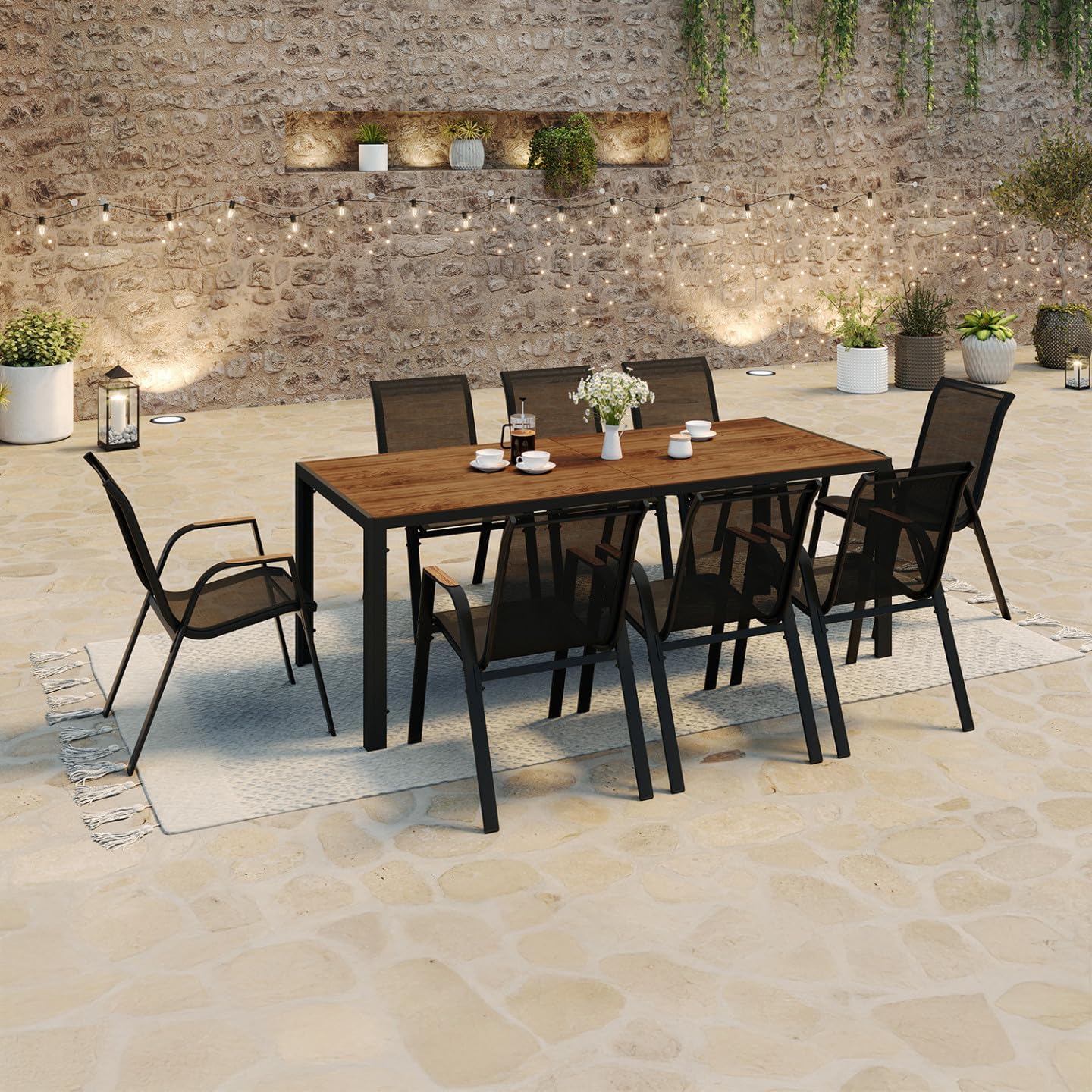 IDMarket - Noumea - Table 190 cm et 8 chaises empilables, plateau verre effet bois