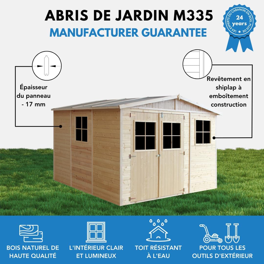 Abri de Jardin en Bois Naturel - Stockage extérieur avec fenêtres- H226x316x324 cm/9 m² Hangar en Bois Naturel - Atelier Rangement Outils et vélos- TIMBELA M335