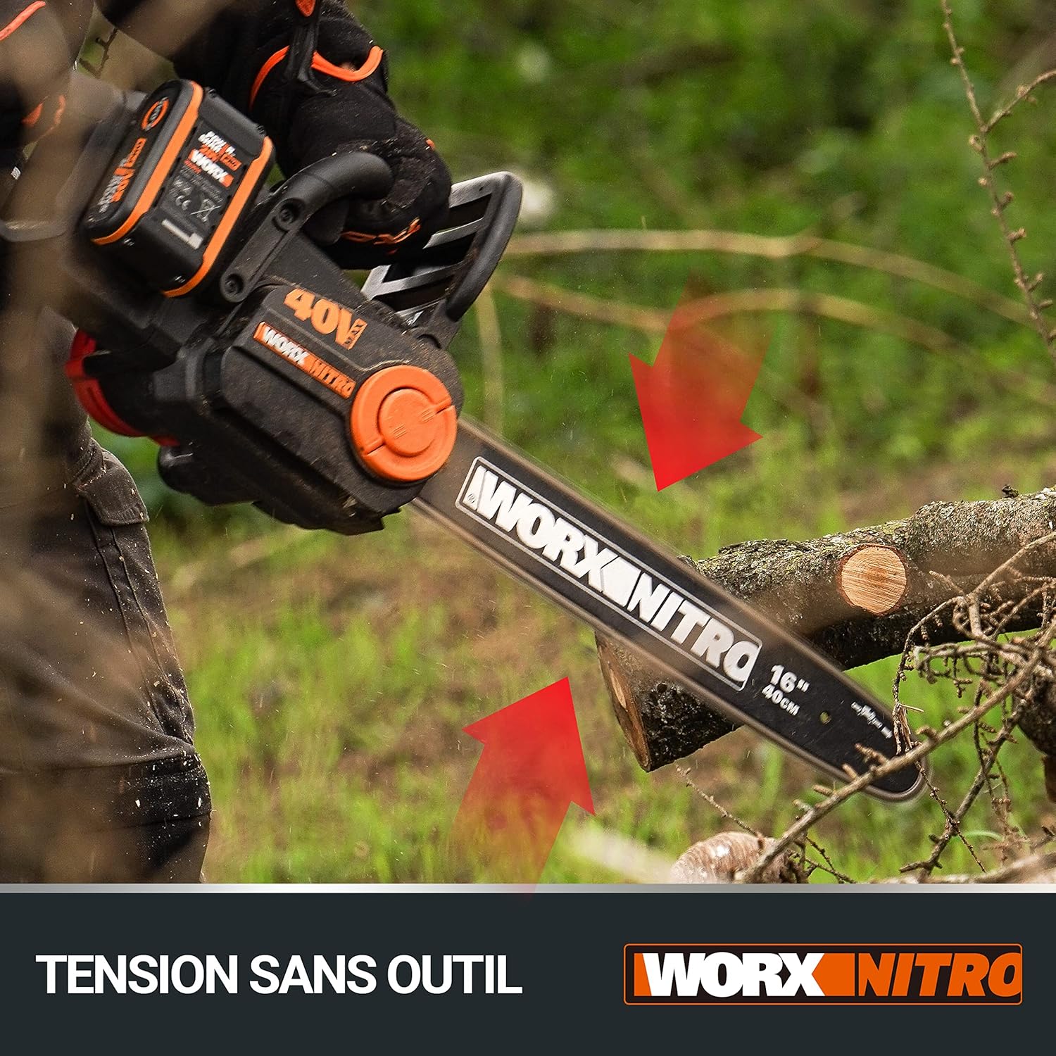 WORX - tronçonneuse sans fil 40V, guide 40cm, 18m/s, 2x4Ah WG385E