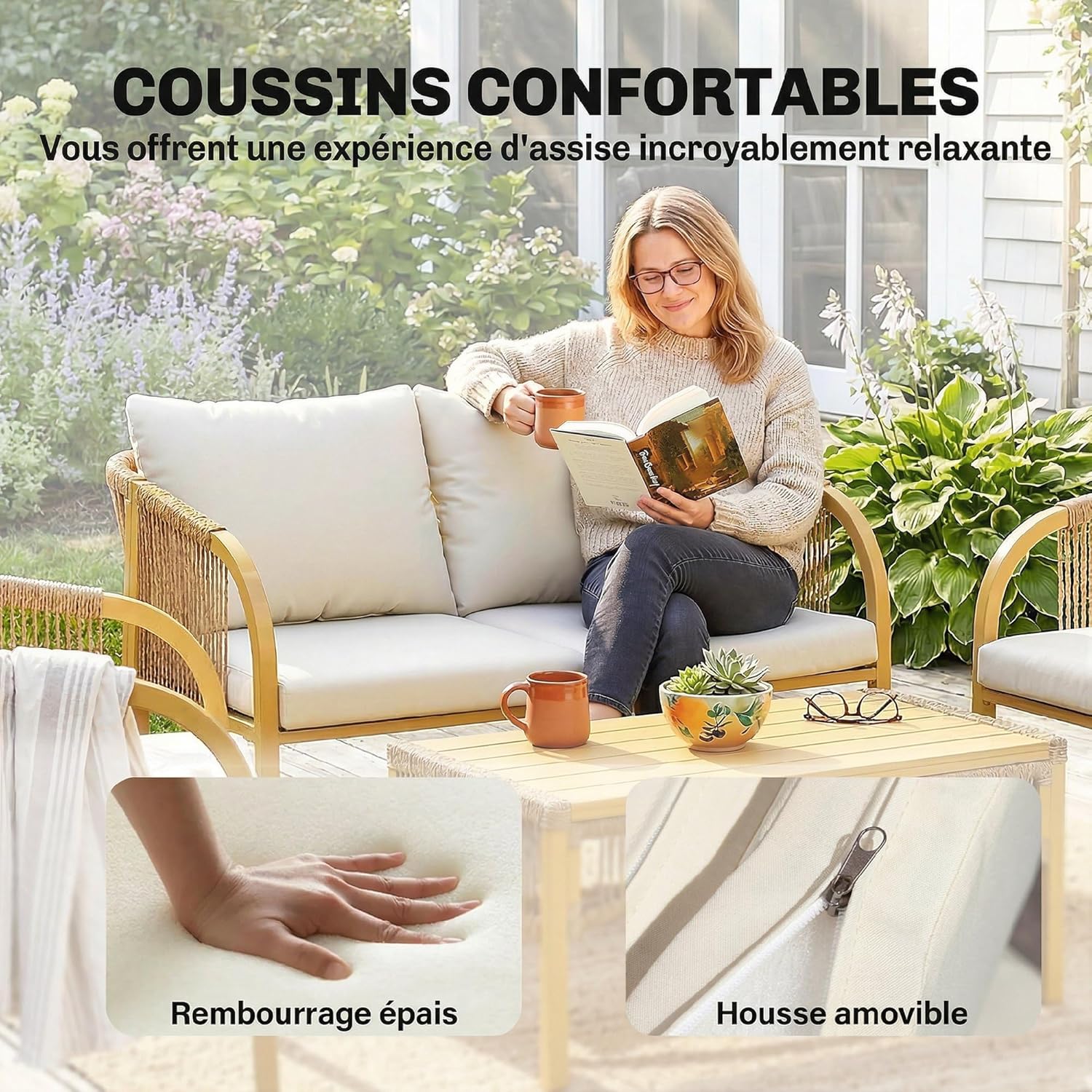 Outsunny - Salon de jardin 4 pcs - canapé 2 places, coussins, table basse, plateau acier imitation bois - kaki