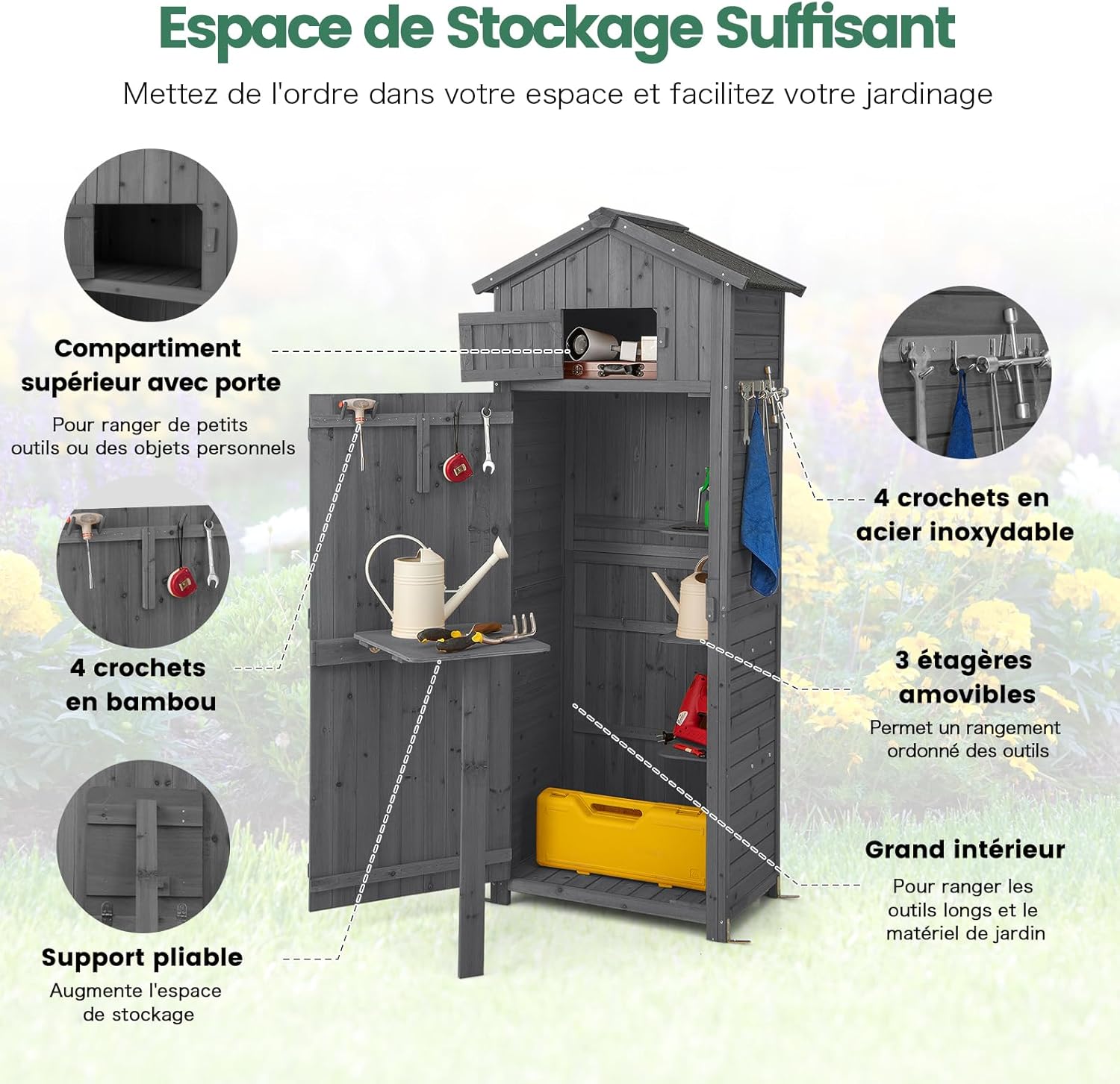 GOPLUS Abri de Jardin en Bois de Sapin avec Toit en Asphalte, 75 x 50 x 180,5 CM, Cabane de Jardin Exterieur avec Porte Verrouillable, Table Pliable, Crochet, 3 Étagères Amovibles, pour Terrasse, Gris