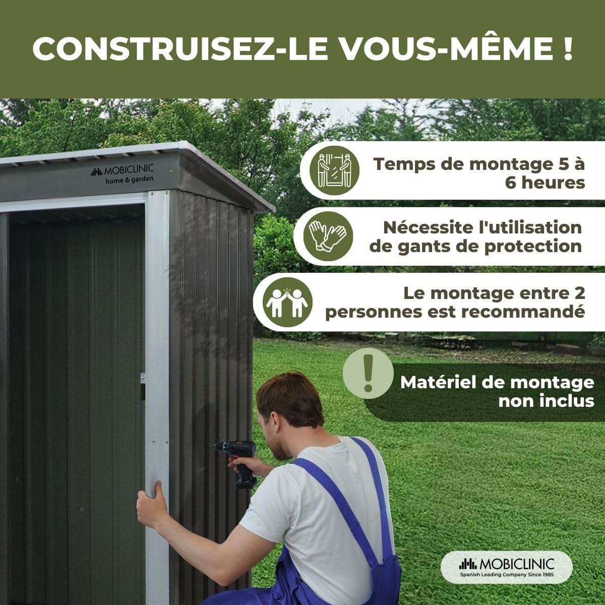 Mobiclinic - Nomi - 150x75x181 cm - abri jardin, porte coulissante, toit pentu, sécurisable, gris