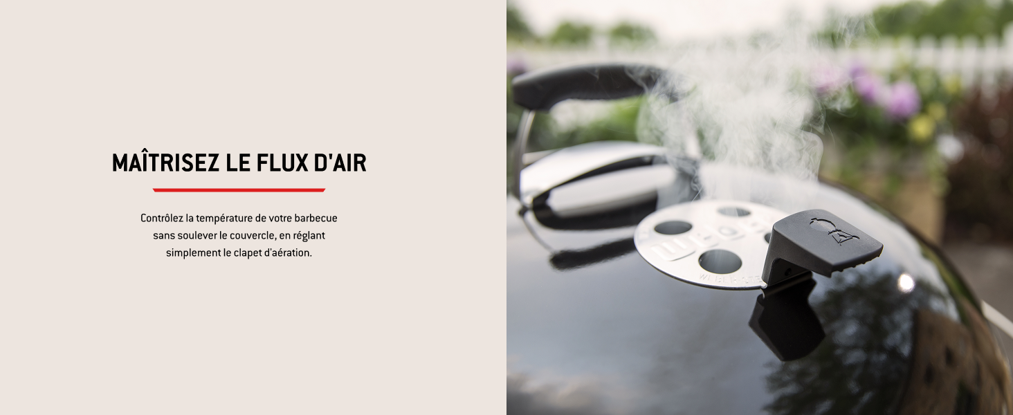 Le texte se lit comme suit : « MAÎTRISEZ LE FLUX D'AIR ». Purificateur d'air ou dispositif de filtration en noir et blanc illustré à côté de détails rapprochés des composants du filtre à l'extérieur avec un fond de feuillage vert flou.