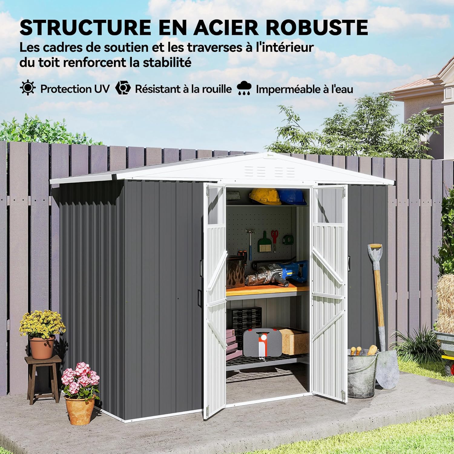 Outsunny Abri de Jardin en métal 2,7 m² cabane de Jardin 246 x 117 x 180 cm cabanon Rangement Outils avec fenêtre, 4 évents et Porte verrouillable, cabanon Jardin extérieur en Acier galvanisé, Gris
