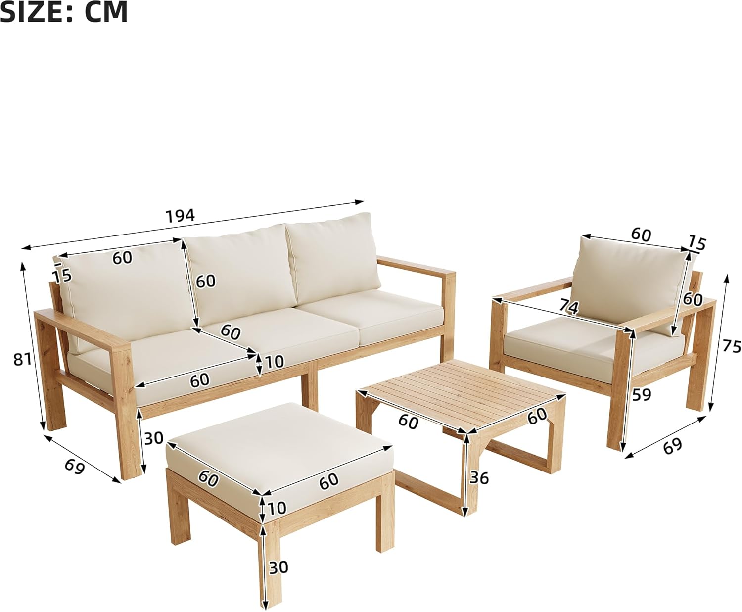 Sapgaks - salon de jardin extérieur, 6/8 pers., acacia naturel, table basse, chaises, crème