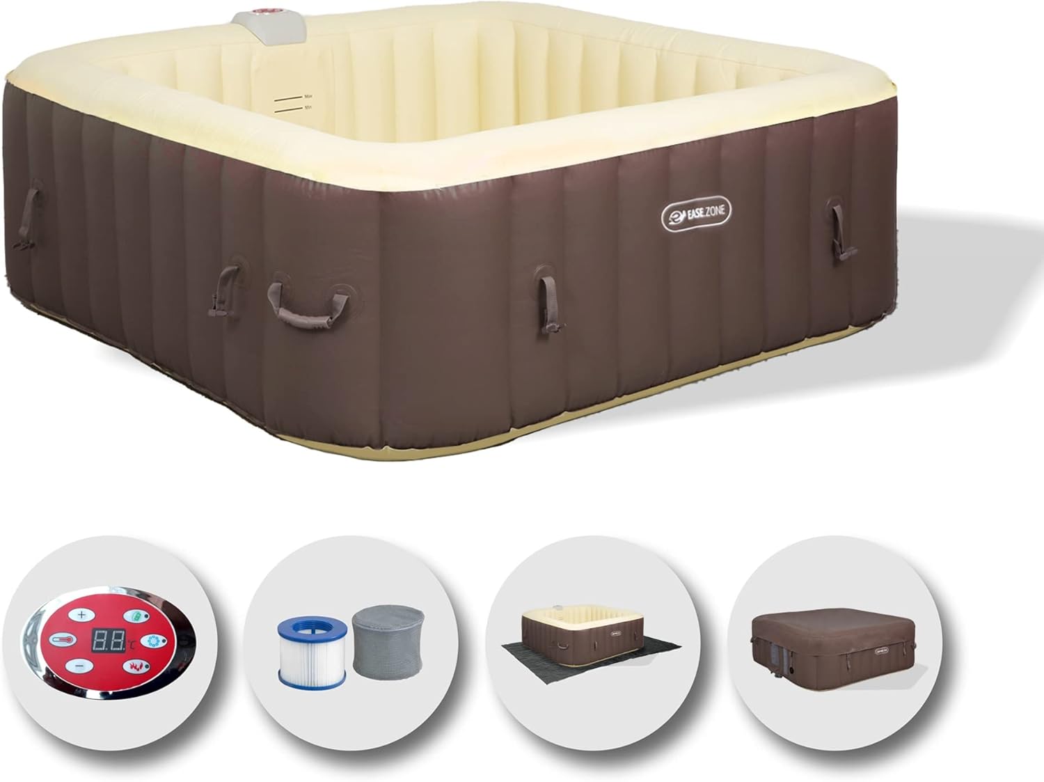 EASE.ZONE Spa hydromassage Gonflable Chauffant 4-6 Personnes 185 x 65 cm Pompe Super silencieuse intégrée, Marron