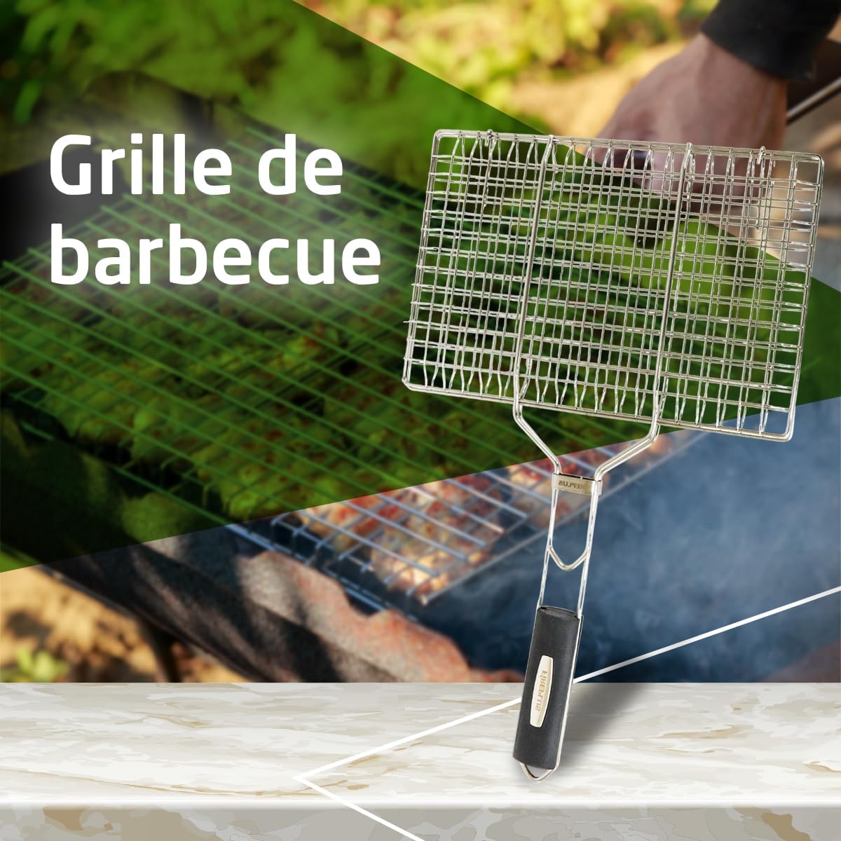 Amig - Fireplus Barbecue Grill | Double Grille en Acier Inoxydable | Avec Poignée en Caoutchouc Antidérapante | Avec Verrouillage de Sécurité | Dimensions: 32x21,5cm