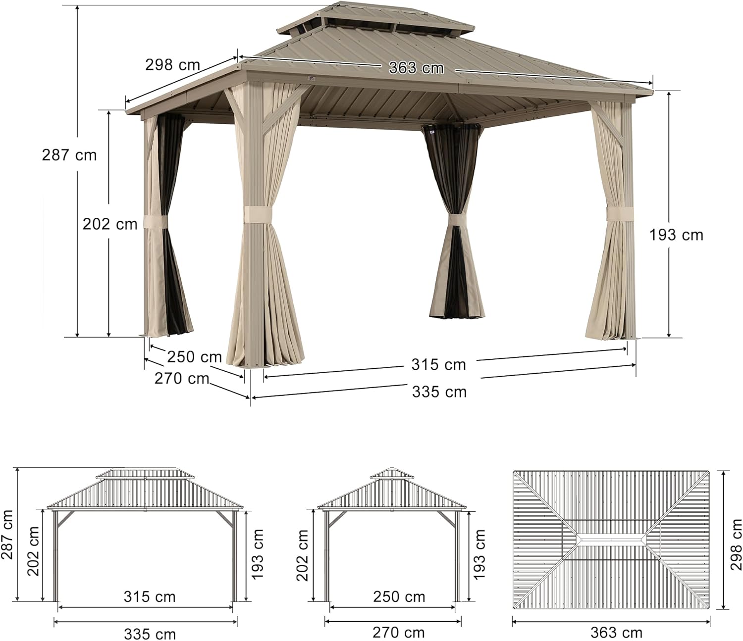 PURPLE LEAF - pergola aluminium - 3,65x3m - double toit, moustiquaire, rideaux